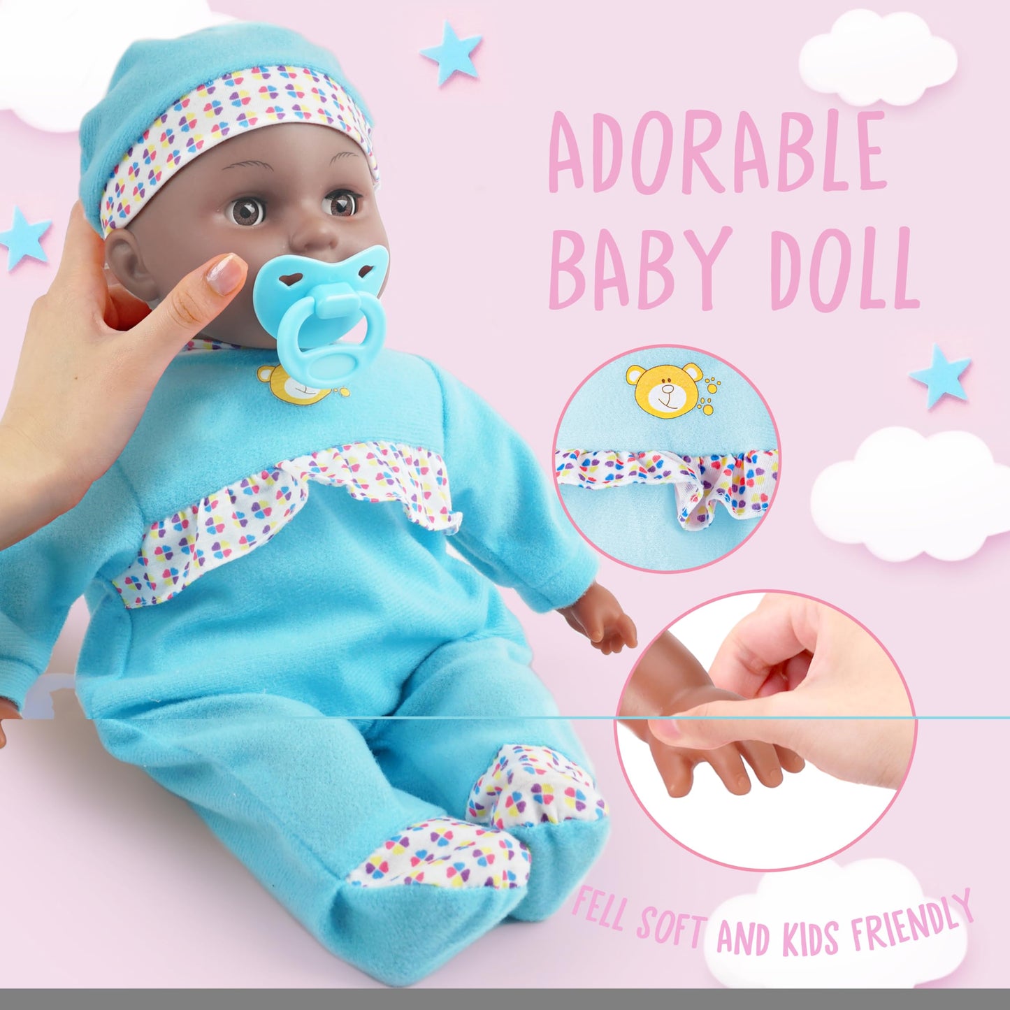 Toy Choi's Interactive Baby Doll Blue - 16 Inch Crying Talking Feeding Dolls with Different Sounds and Accessories, Pretend Play Preschool Toys for 2 3 4 5+ Year Old Girls Boys Gift, Black Doll