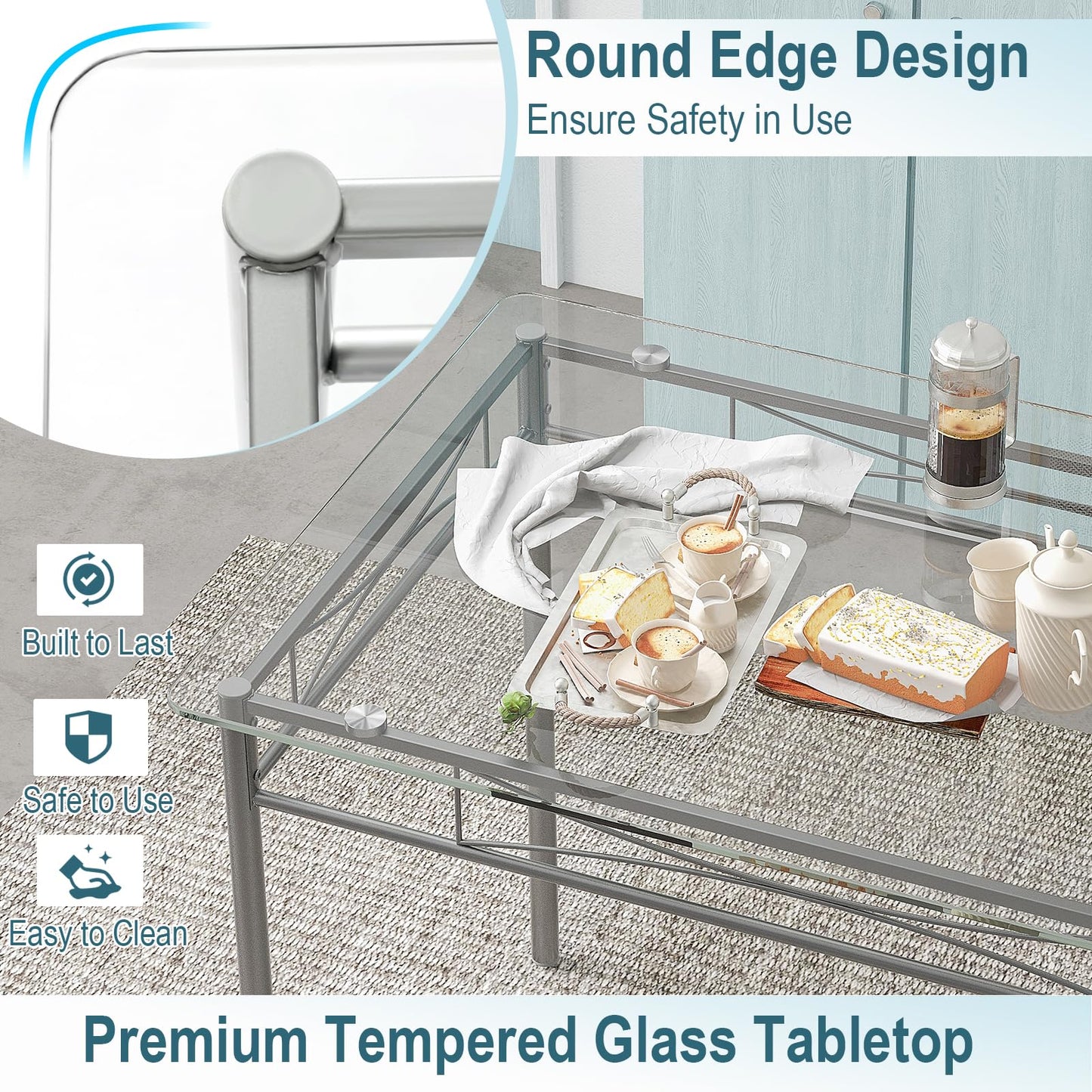 Giantex 5 Piece Dining Table Set, Kitchen Dining Set with Tempered Glass Table Top and 4 Chairs, Dinette Set for 4 for Breakfast Nook Dining Room Kitchen (Transparent)