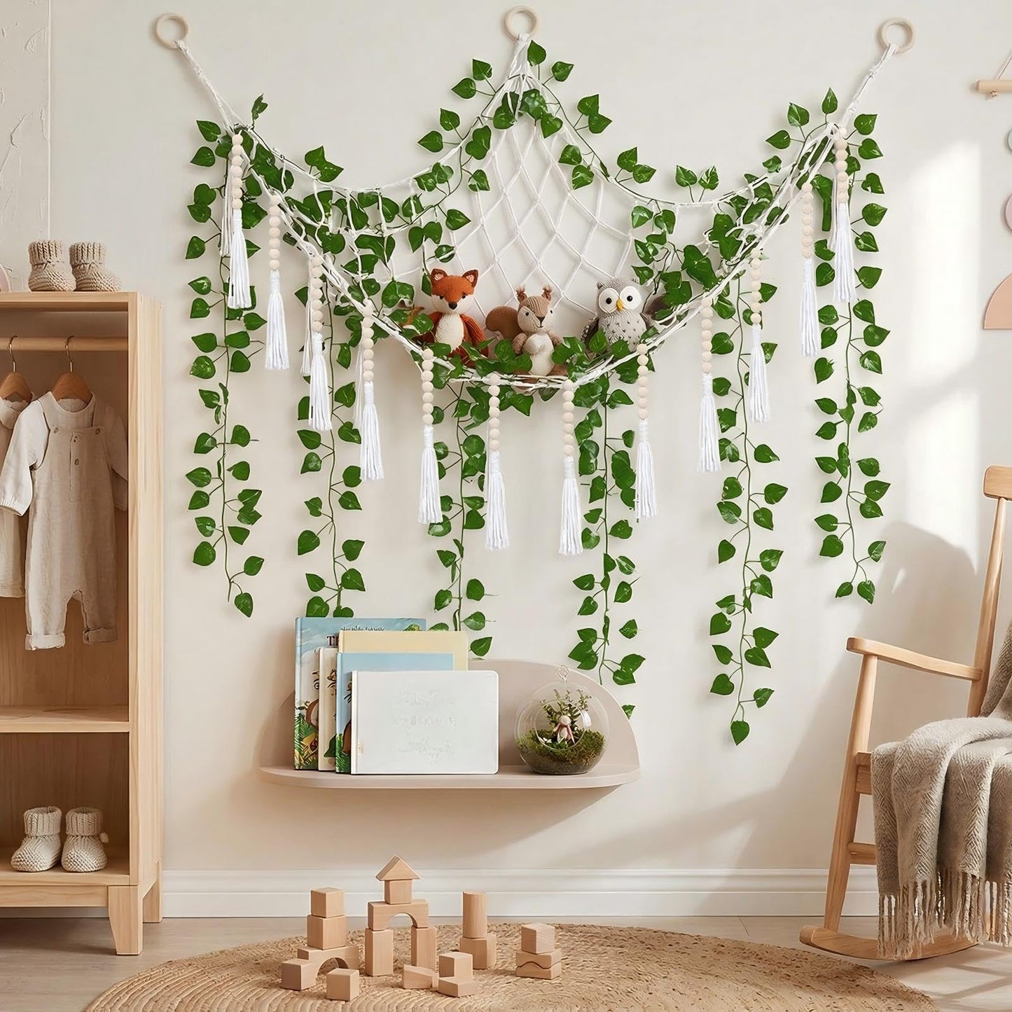 Suncalla 4 Pcs Large Stuffed Toy Storage Net Hammock Corner with Fake Vines Artificial Ivy Garland Bedroom Aesthetic Decor for Kids Baby Nursery Essentials Wall Bedroom Home Decor (White)
