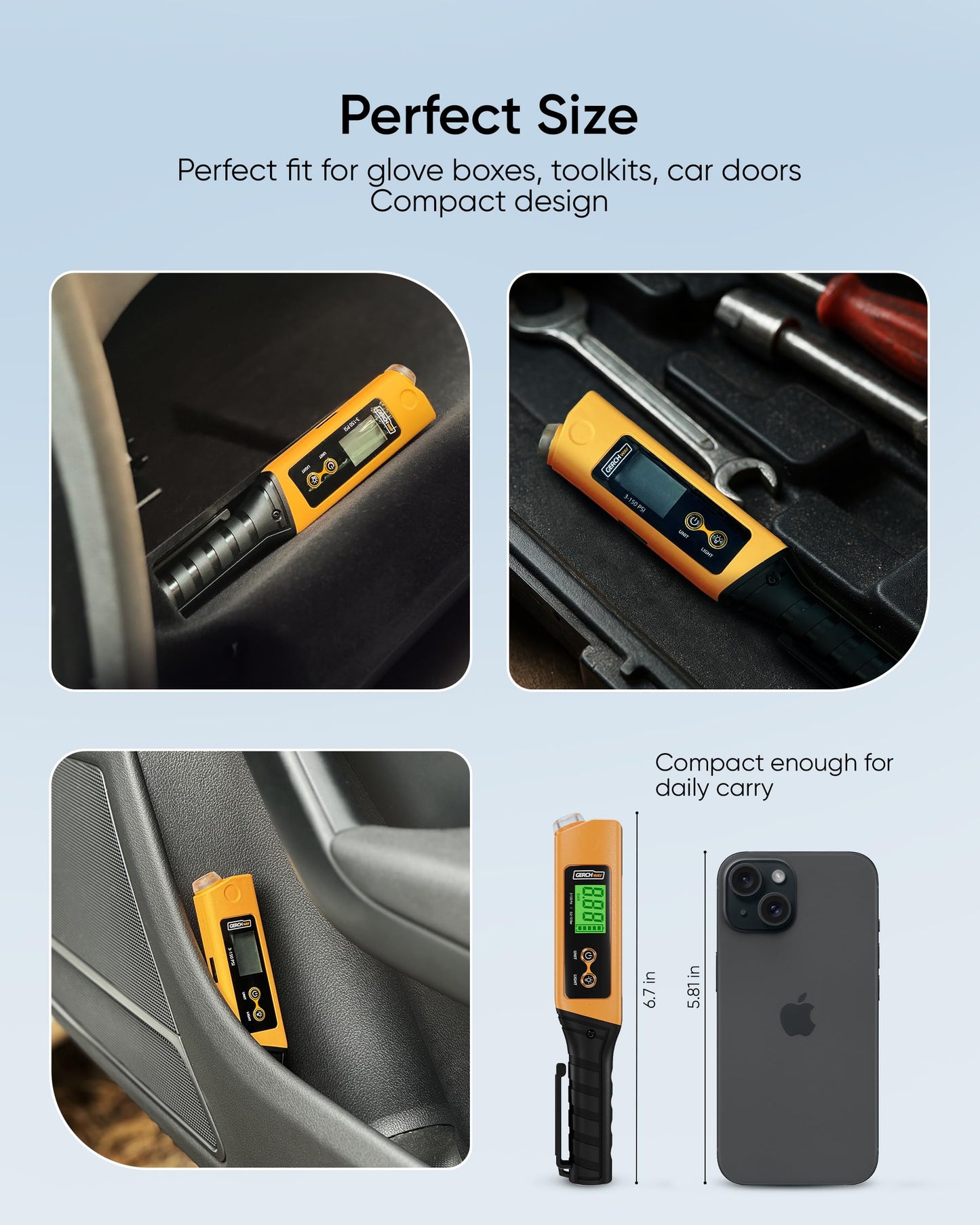 Rechargeable Digital Tire Pressure Gauge with LED Work Light, 150 PSI ±1% Accuracy, Compact 2-in-1 Air Gauge for Cars, Motorcycles, Bicycles and RVs