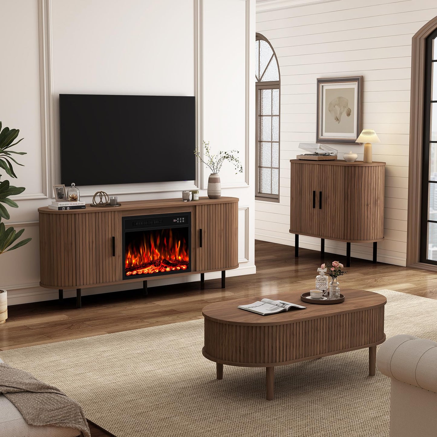BREEZEHEAT 65'' Mid Century Modern Fluted TV Stand with 23" Fireplace, Curved Fireplace Entertainment Center for TVs Up to 75 Inches, Walnut Media Console Cabinet for Living Room