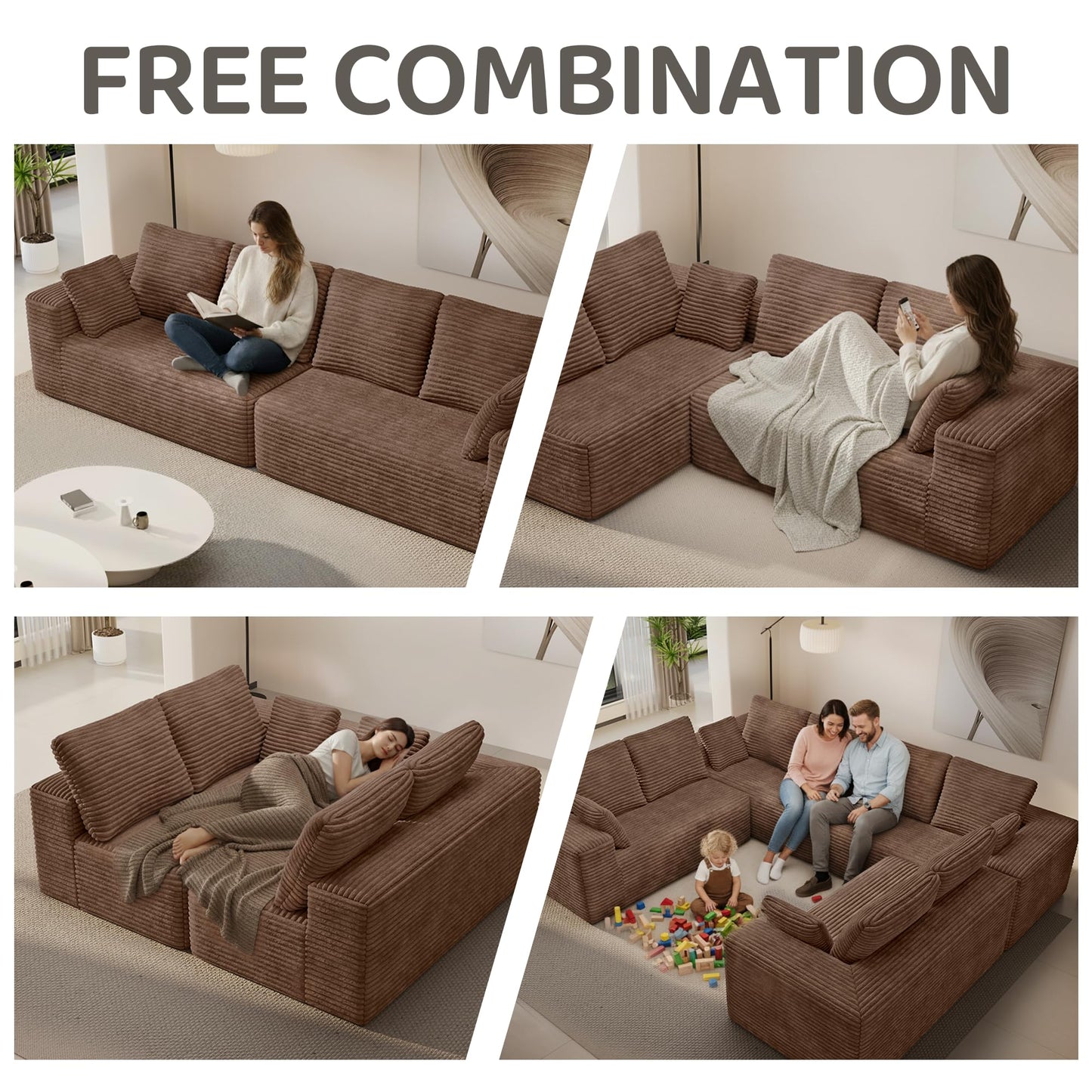 WJShome 134” Modular Sectional Cloud Couches, Upholstered Deep Seat Boneless Sofa for Living Room, Aprartment, No Assembly Required, Brown