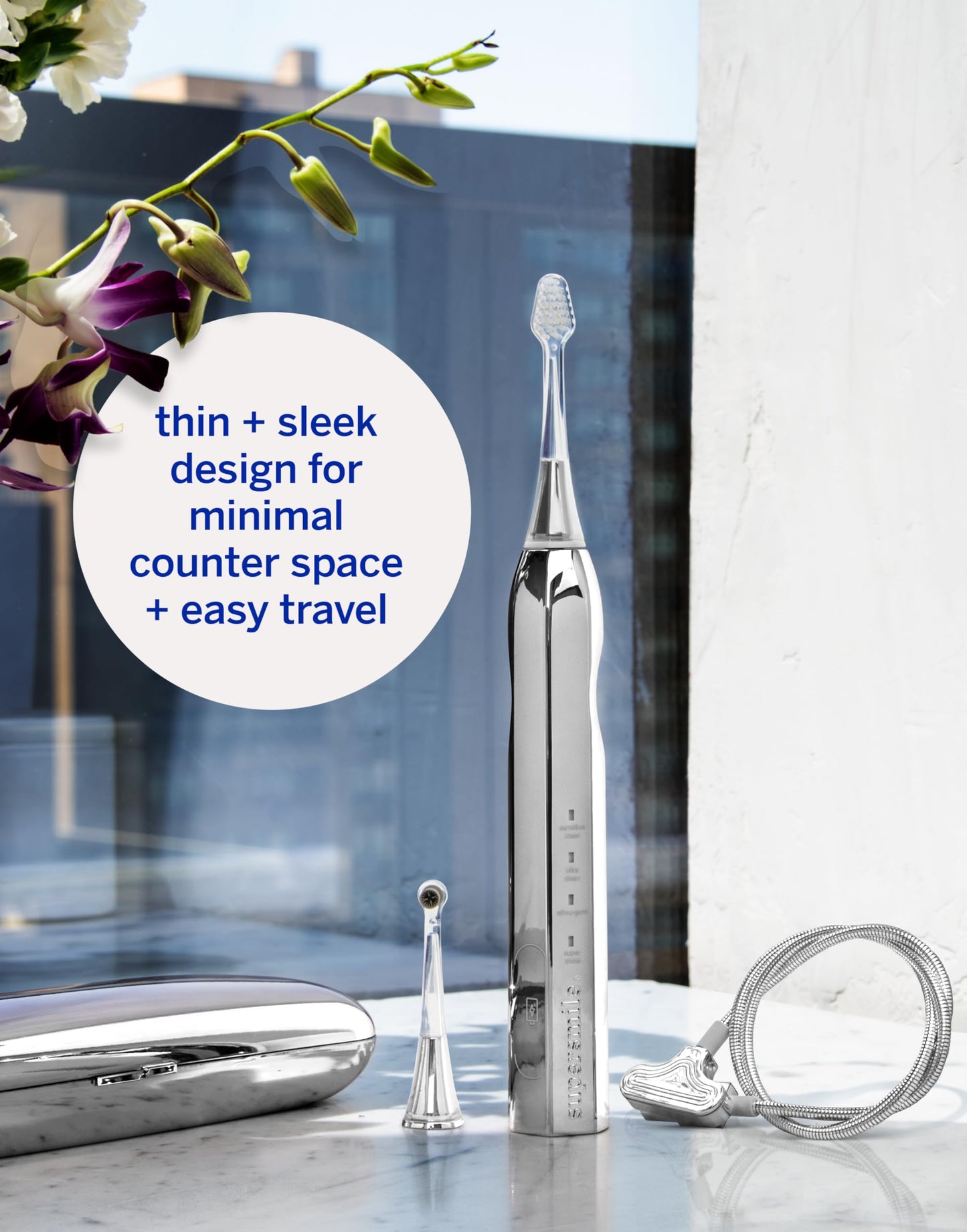 Supersmile Zina45™ Deluxe Sonic Pulse Toothbrush – Rechargeable Electric Brush with Angled Head & Travel Case – for Whiter Teeth and Healthier Gums, Silver