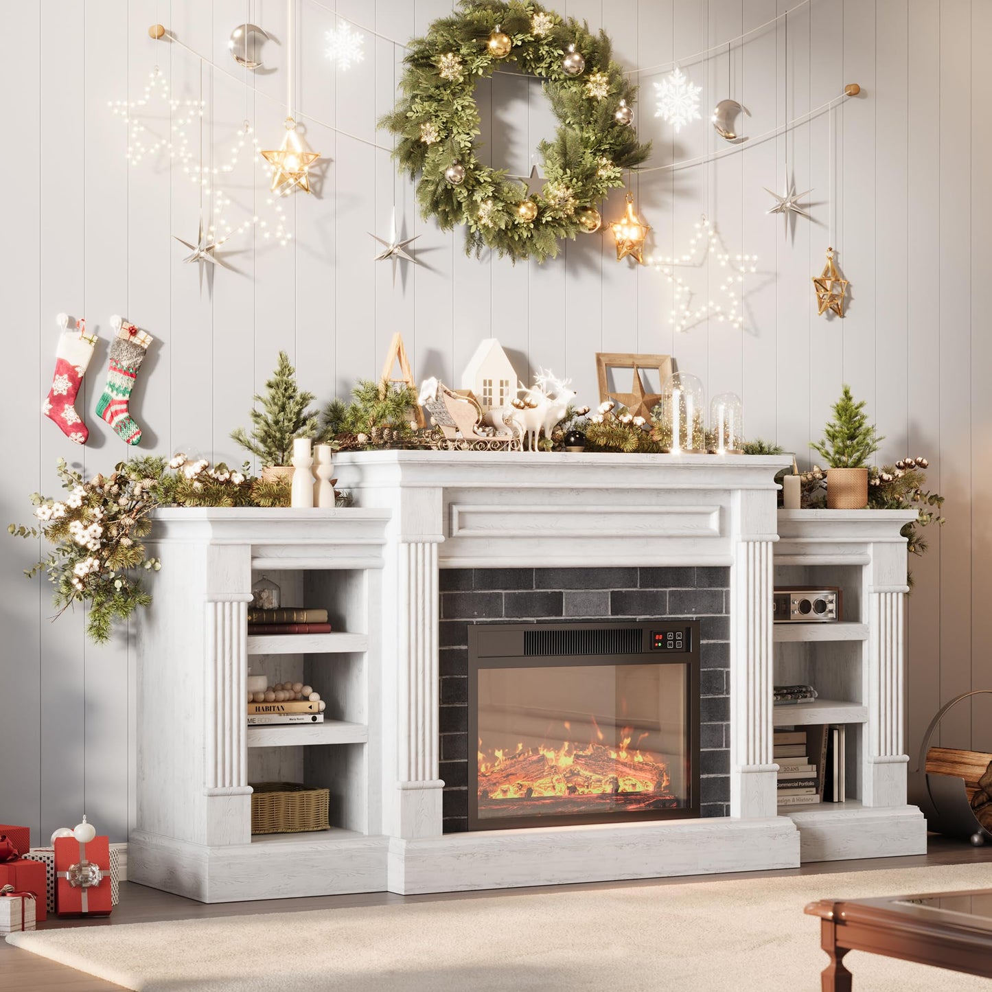 71'' Fireplace TV Stand with 23'' Electric Fireplace, Mid Century TV Console, Entertainment Center with Storage for Living Room, Bedroom