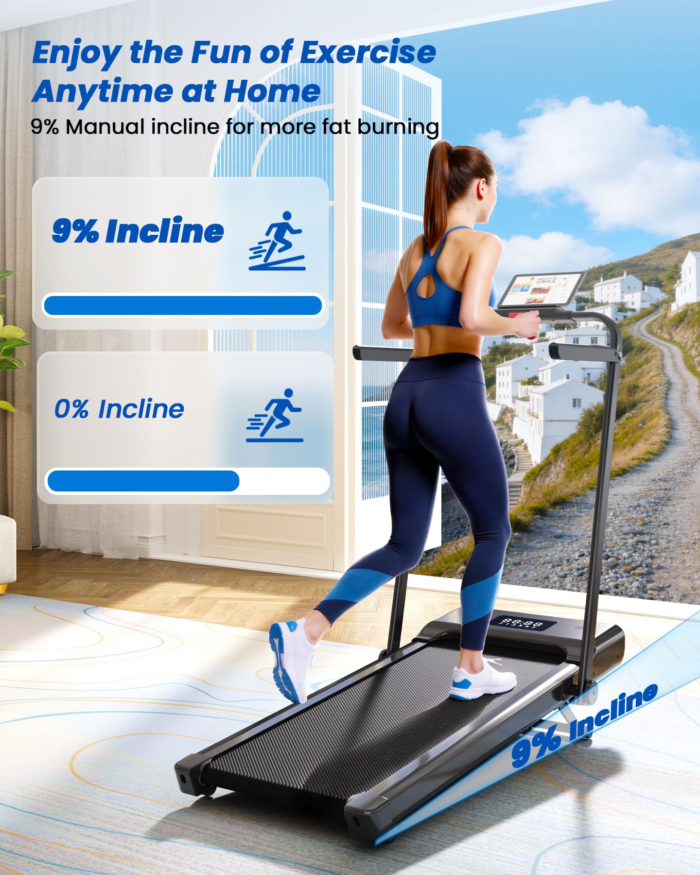 DeerRun Foldable Walking Pad Treadmill for Home & Office, Under Desk Walking Pad Treadmill with 9% Manual Incline and Handlebar, 0.6–7.5 MPH, 300 lb Capacity, App & Remote Control