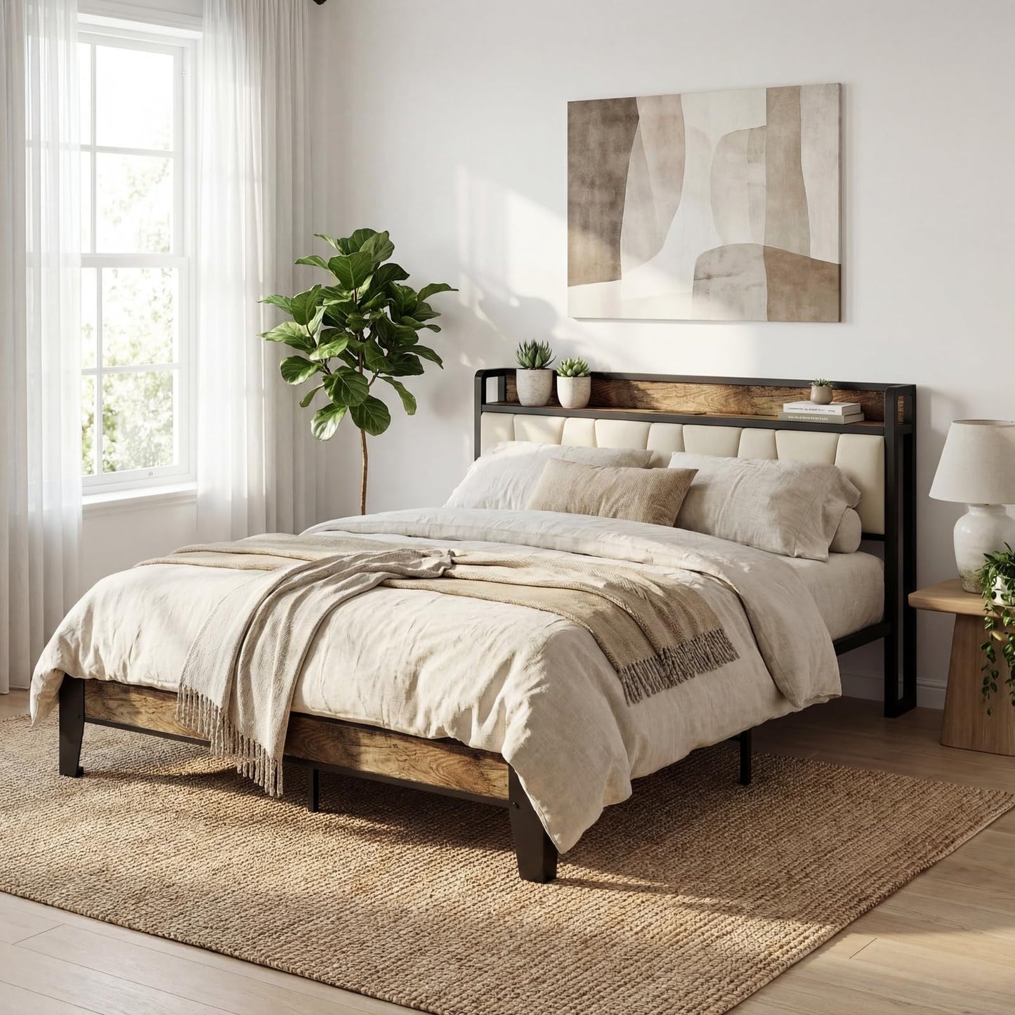 LIKIMIO Queen Bed Frame, Storage Headboard with Charging Station, Solid and Stable, Noise Free, No Box Spring Needed, Easy Assembly (Walnut and Beige)