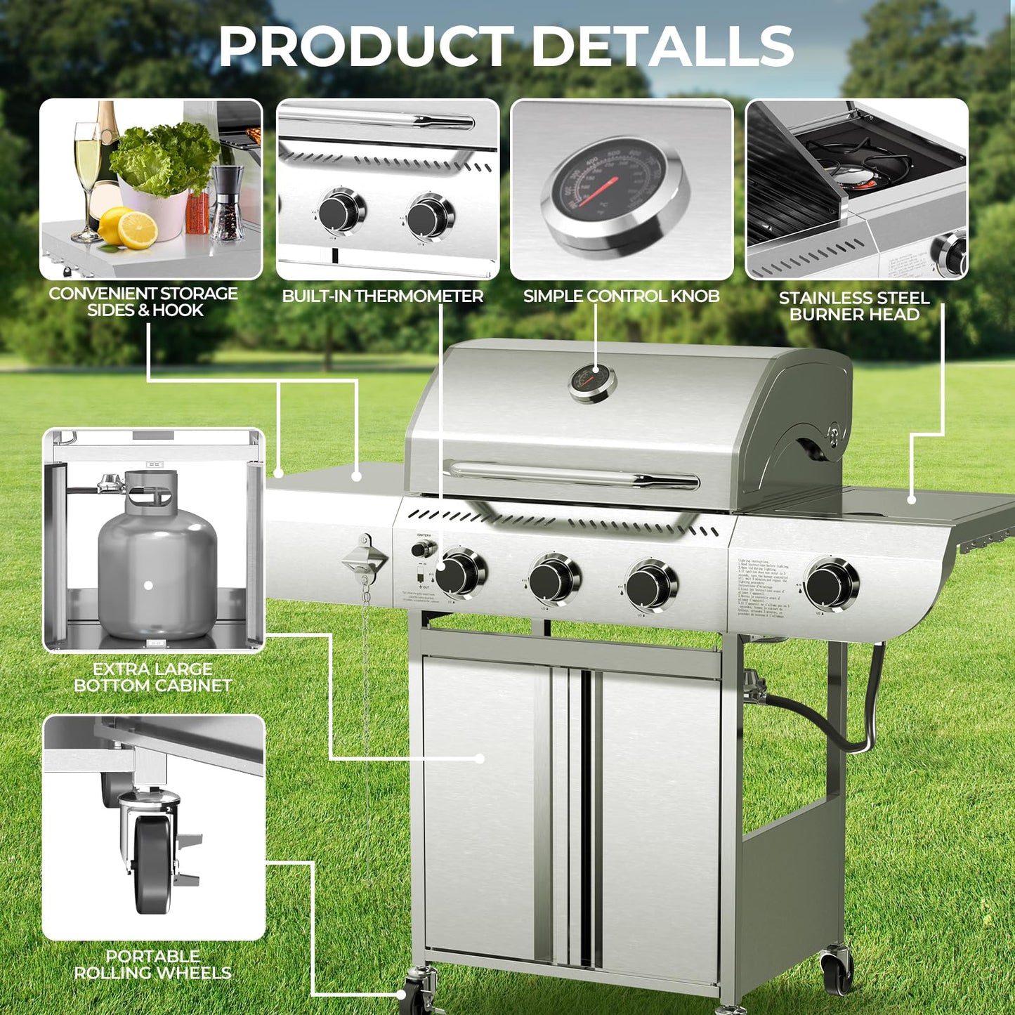 34,000 BTU 3-Burner Propane Gas Grill with Side Burner, All Stainless Steel BBQ Grill, Cast Iron Grates & Portable Cart with Wheels，Outdoor Barbecue Grill for Backyard, Patio, Camping