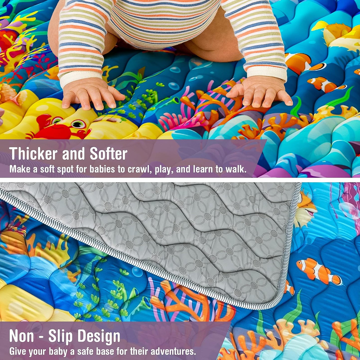 Baby Play Mat, 50x50 Thickened Playpen Mat, Waterproof & Non-Slip, Foldable Baby Play Mat for Floor, Machine Washable Crawling Mats for Infants & Toddlers, Floor Activity and Playing & Learning, Sea World