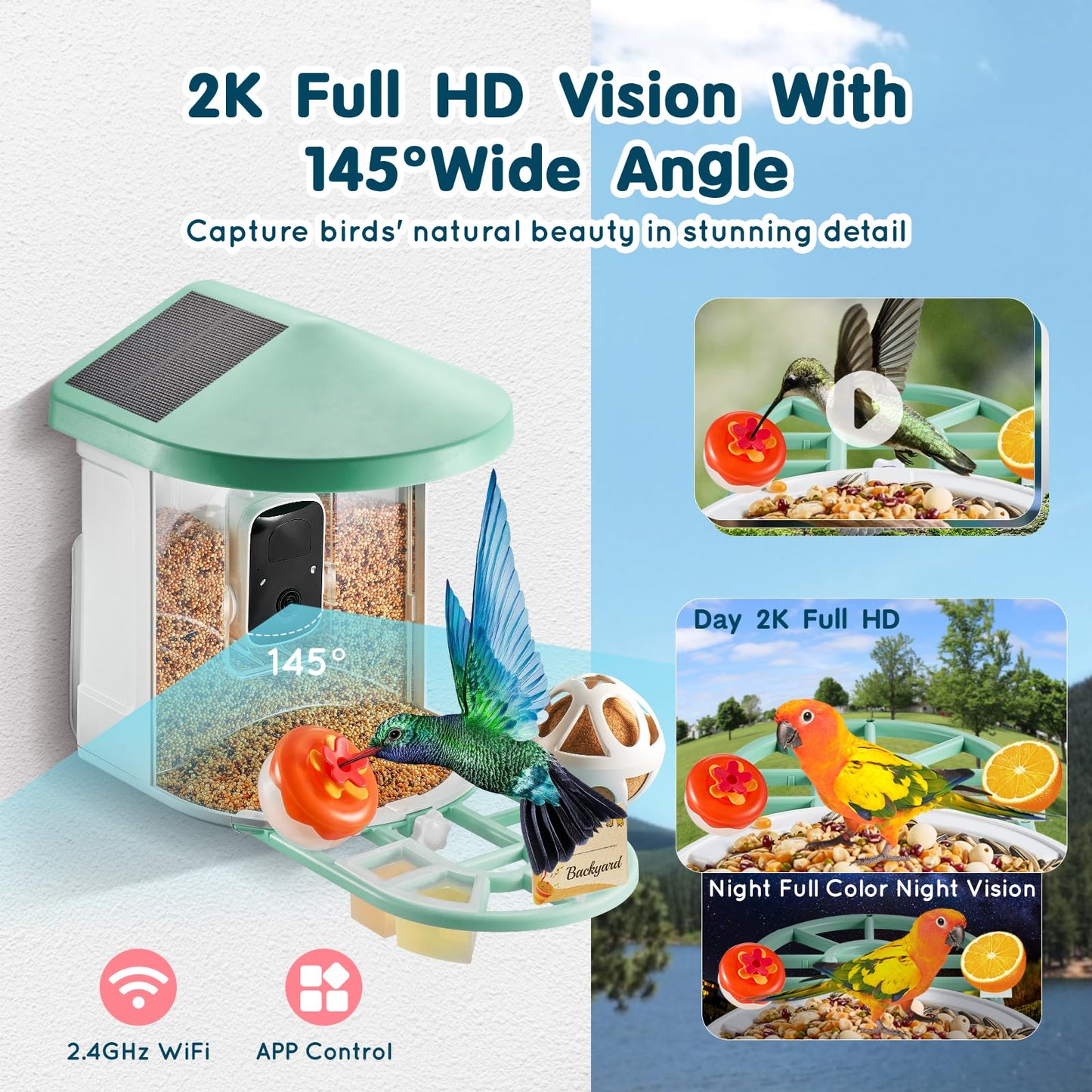 Happybuy Smart Bird Feeder with Camera,2K HD AI Identify 10000+ Bird Species,Solar-Powered Bird Watching Camera with Auto Capture & Instant Notify,Wireless Outdoor Gift for Bird Lover (3 Solar Panels)