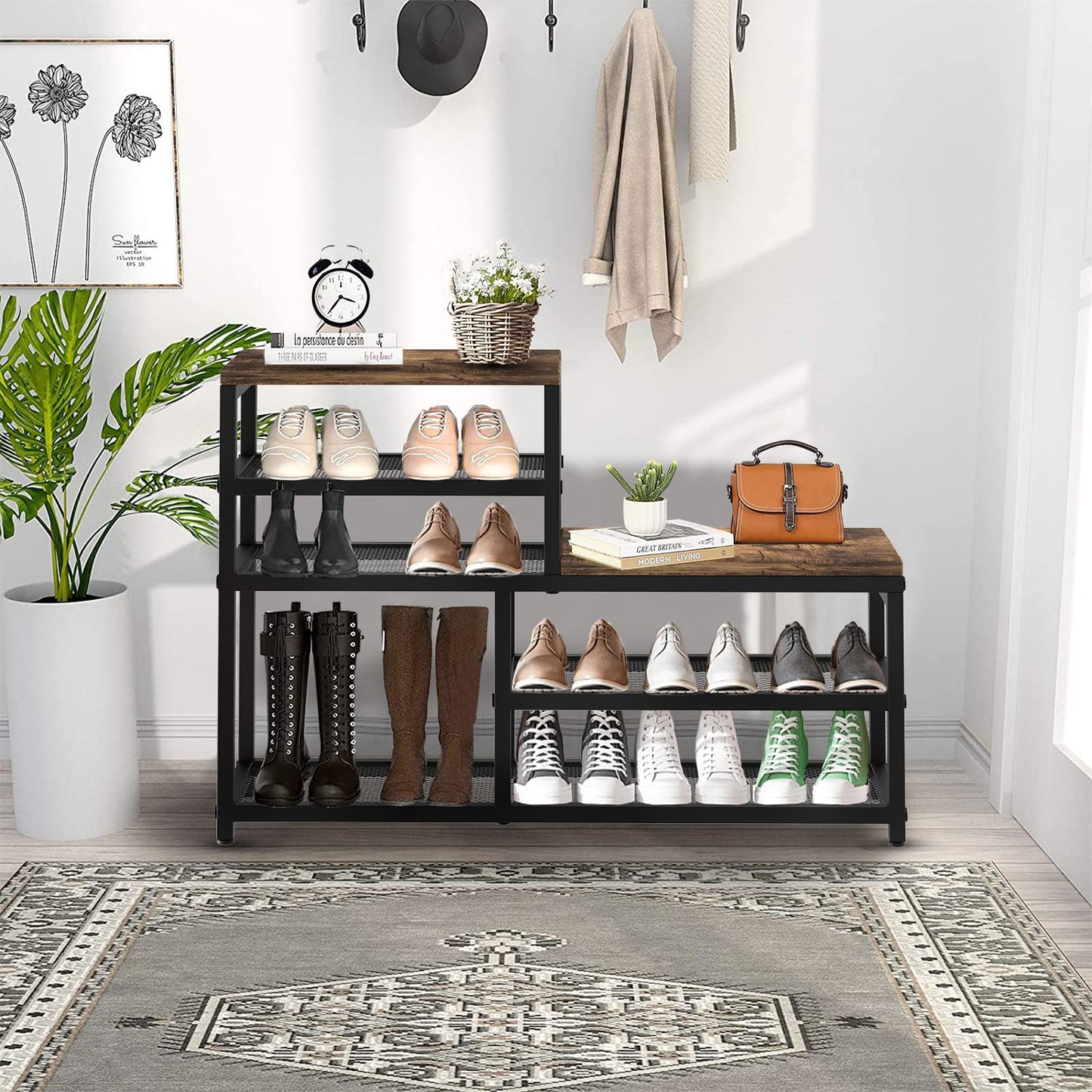 Katrawu Shoe Rack Bench Shoe Storage Organizer with Seat, 5-Tier Industrial Free Standing Shoe Rack for Entryway, Narrow Shoe Rack Organizer Shelves for High Heels, Entryways, Hallways, Closets,Brown