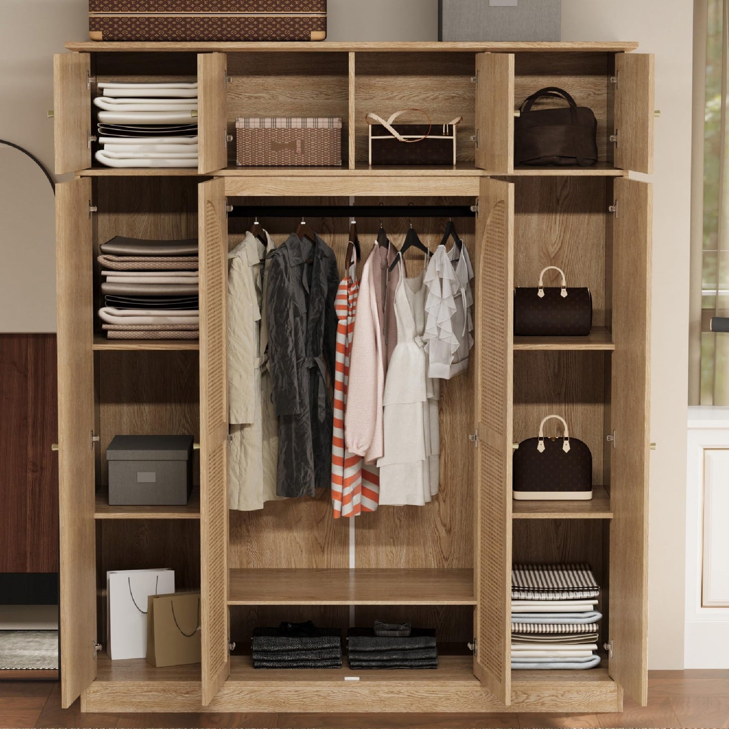 KEIKI Large 8 Doors Wood Wardrobe, Bedroom Tall Armoire Closet Organizer w/Rattan Decorative, Hanging Rails & Adjustable Shelves Clothes Storage Cabinet for Garage & Laundry Room, Brown