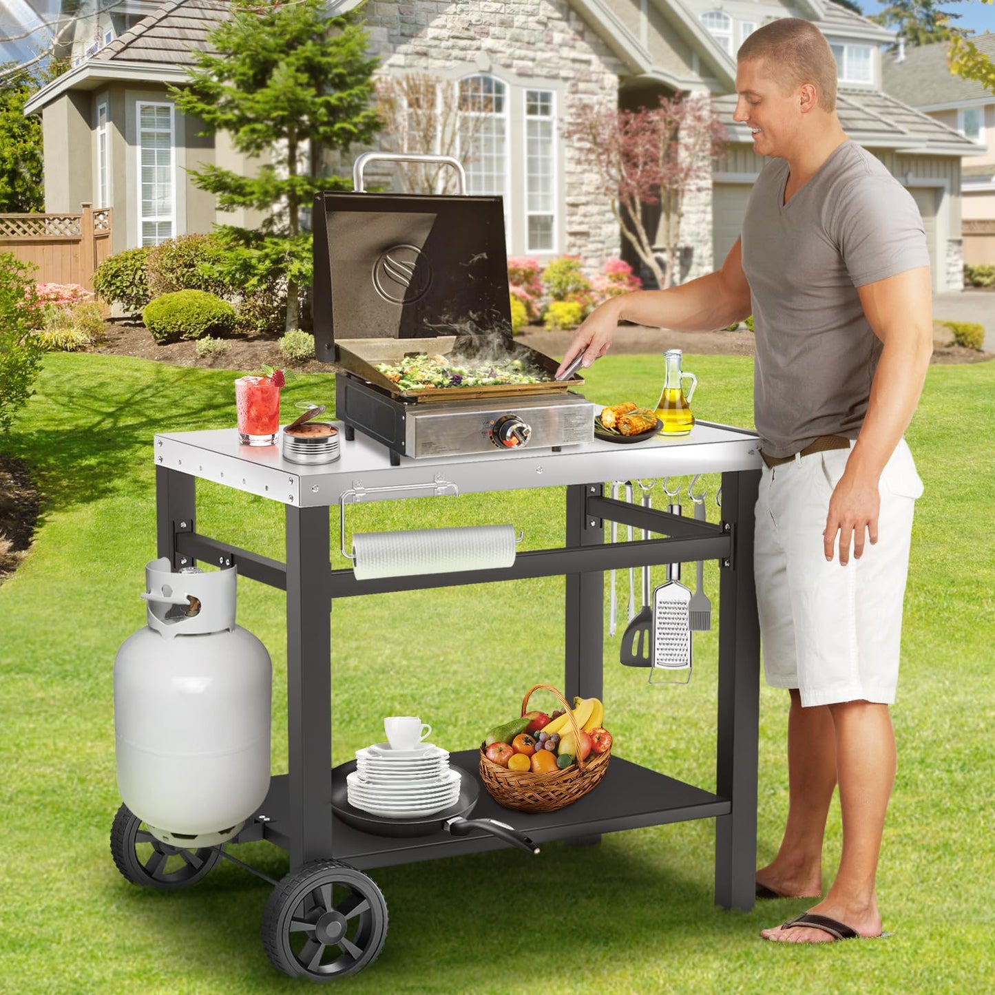 GRILL FORCE Grill Table, Movable Dining Cart, Pizza Oven Table Stand, Double-Shelf Grill Stand, Food Prep and Work Cart with Wheels, Hooks, Fits for Blackstone Ninja