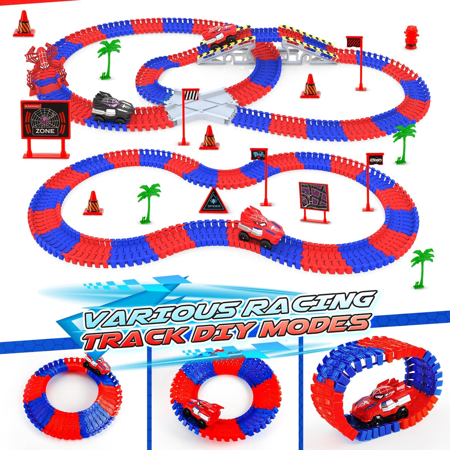 Spider Toys 250 PCS Race Car Track for Kids Ages 3-6 with 2 Cool Monster Car, Toddler Car Tracks for 3+ Year Old Boys Girls, Toy Set Birthday Gifts for 3-6 Year Old Boys
