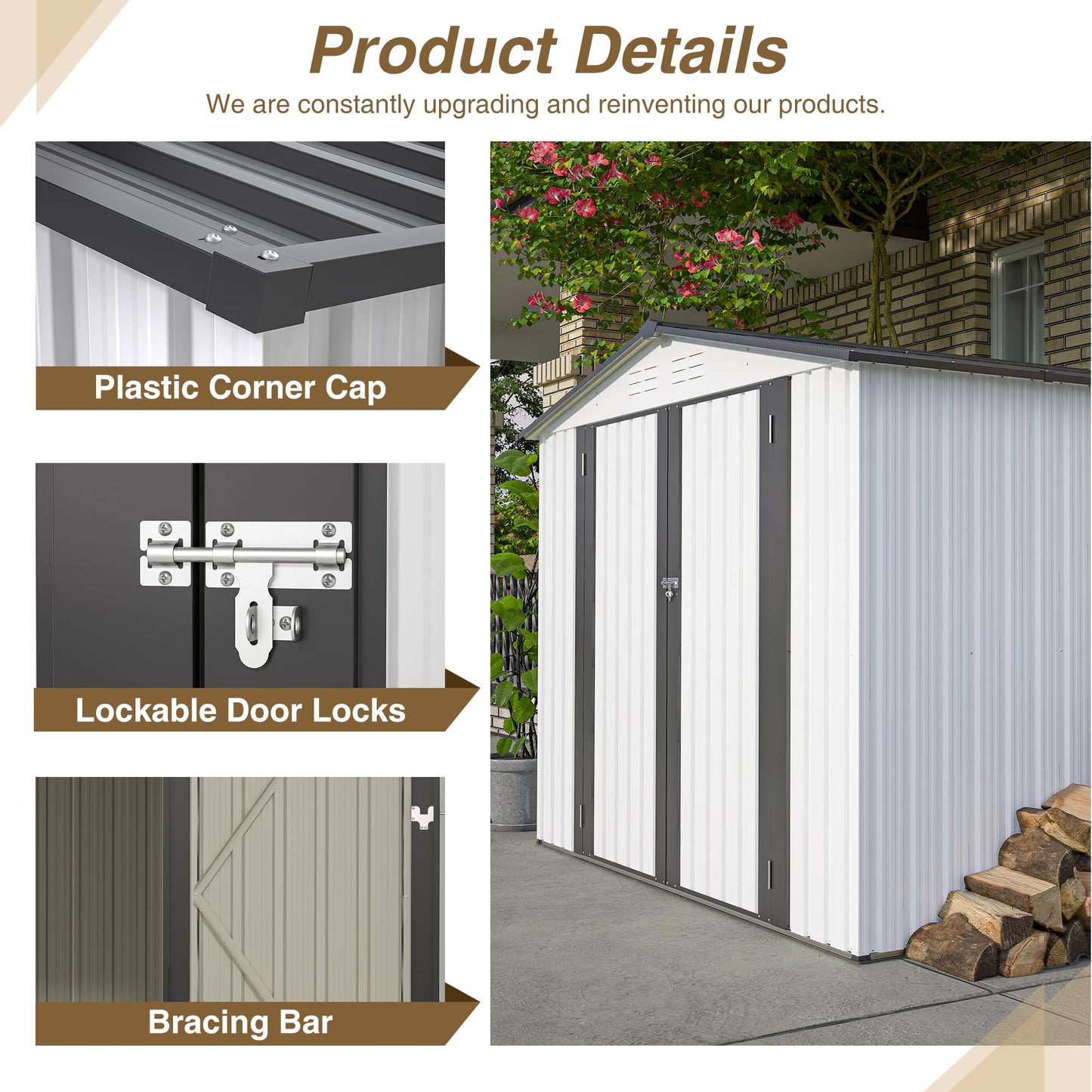 KEIKI Storage Shed 8x6 FT, Large Metal Tool Shed for Outdoor Storage, Galvanized Steel Garden Shed with Lockable Doors for Patio, Backyard, Lawn, White