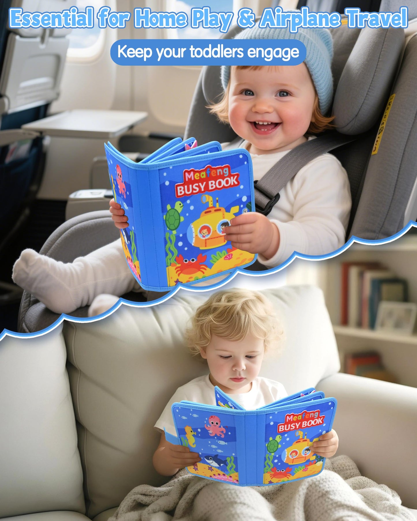 Meafeng Ocean Busy Book for Toddlers 1-3 - Montessori Learning Toy with Sea Animals & Life Skills, Travel Quiet Book for 1 2 3 Year Old Boys Girls, Educational Toddler Toy for Car & Airplane Travel