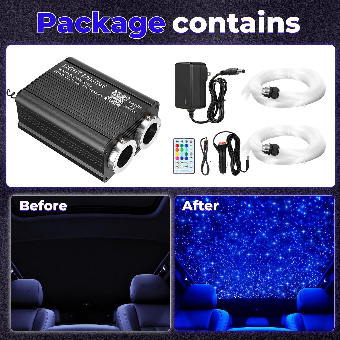 GEARPASS 36W Headliner Light Kit, Twinkle Star Lights for Car Decor 1000pcs*0.03in*9.8ft/3m, Fiber Optic Star Ceiling Lights APP/Remote Control for Car Roof Home Ceiling