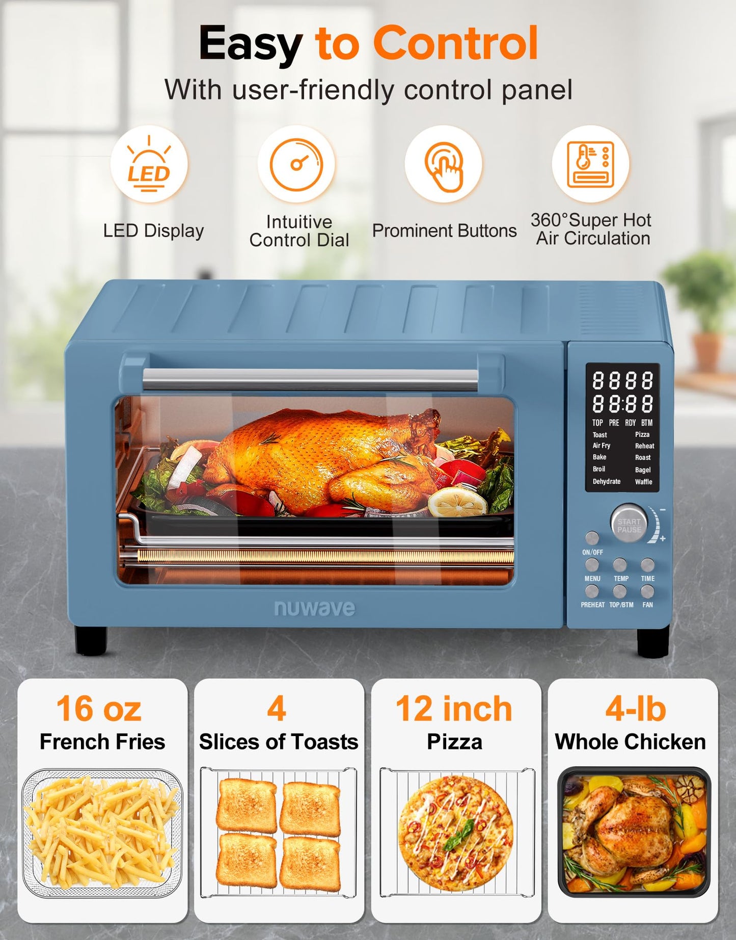 Nuwave Bravo Pro Smart Air Fryer Toaster Oven Combo, Airfryer Convection Oven Countertop, 10-in-1 Functions with Quicker & Even Crisp Technology, 1800W, 50-450°F, PFAS-Free, 21QT, Cozy Blue