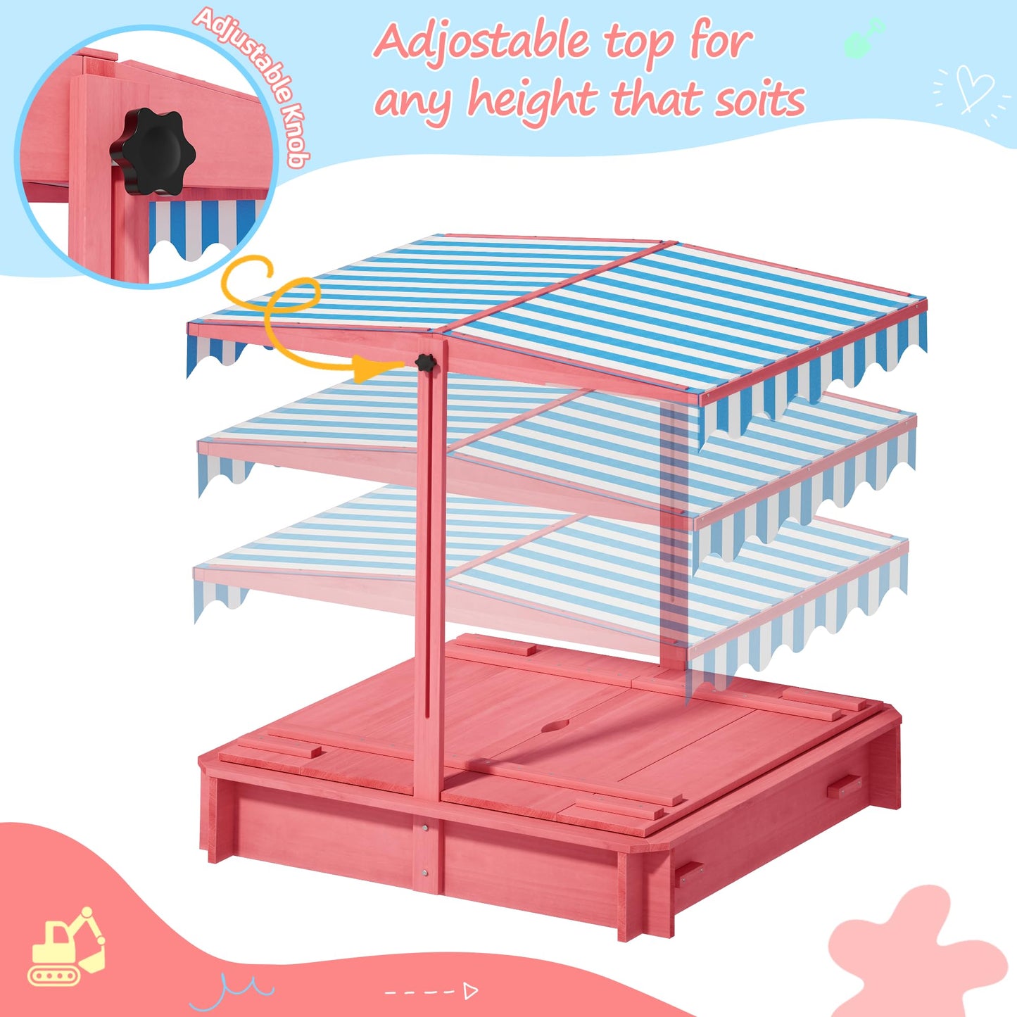 Wooden Kids Sandbox with Height-Adjustable UV-Resistant Canopy - 43x43 Inch Outdoor Play Sand Box with Lid, 2 Foldable Bench Seats & Bottom Liner, Ideal for Backyard, Garden, Beach