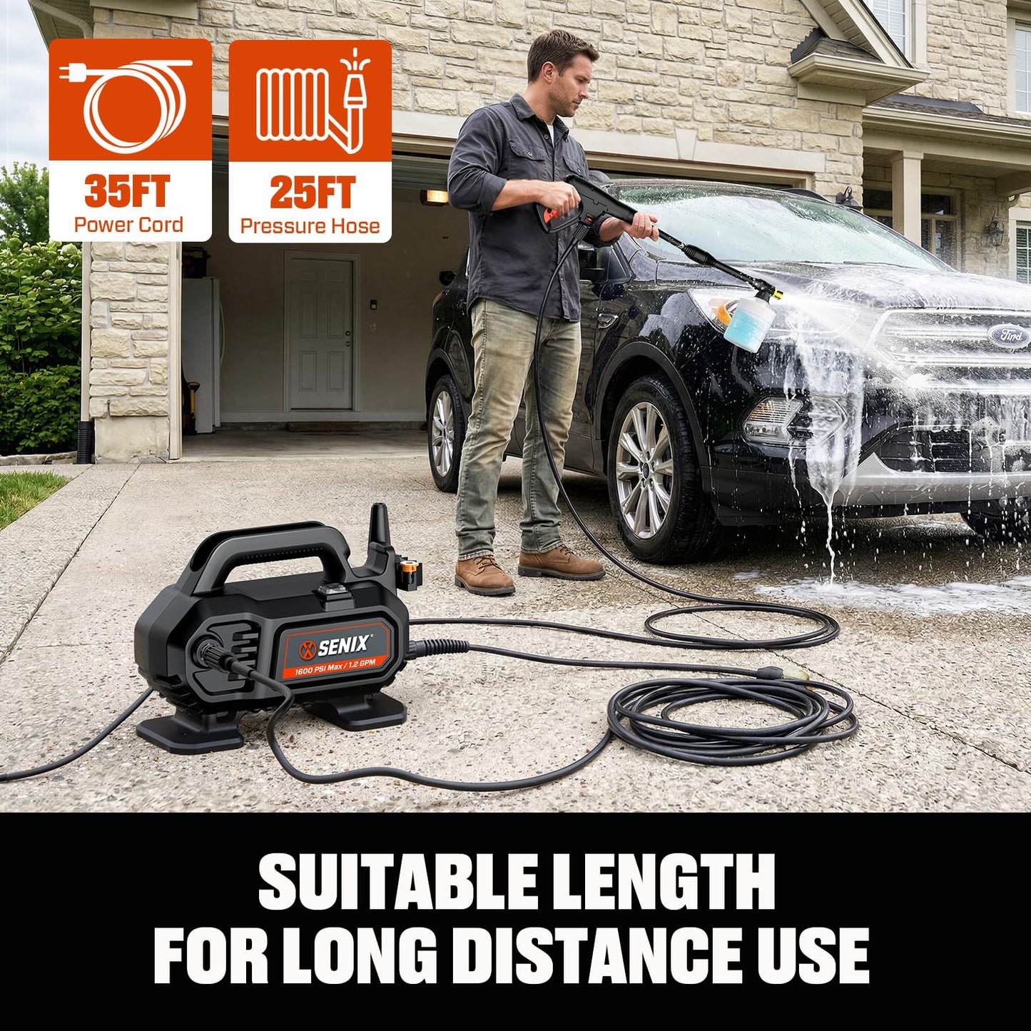 SENIX 1100 PSI Electric Pressure Washer with Foam Cannon - Compact Power Washer for Cars, Driveways, Patios & Outdoor Cleaning - Includes 15° Nozzle, Turbo Nozzle, Spray Gun, 20 ft Hose & 35 ft Cord