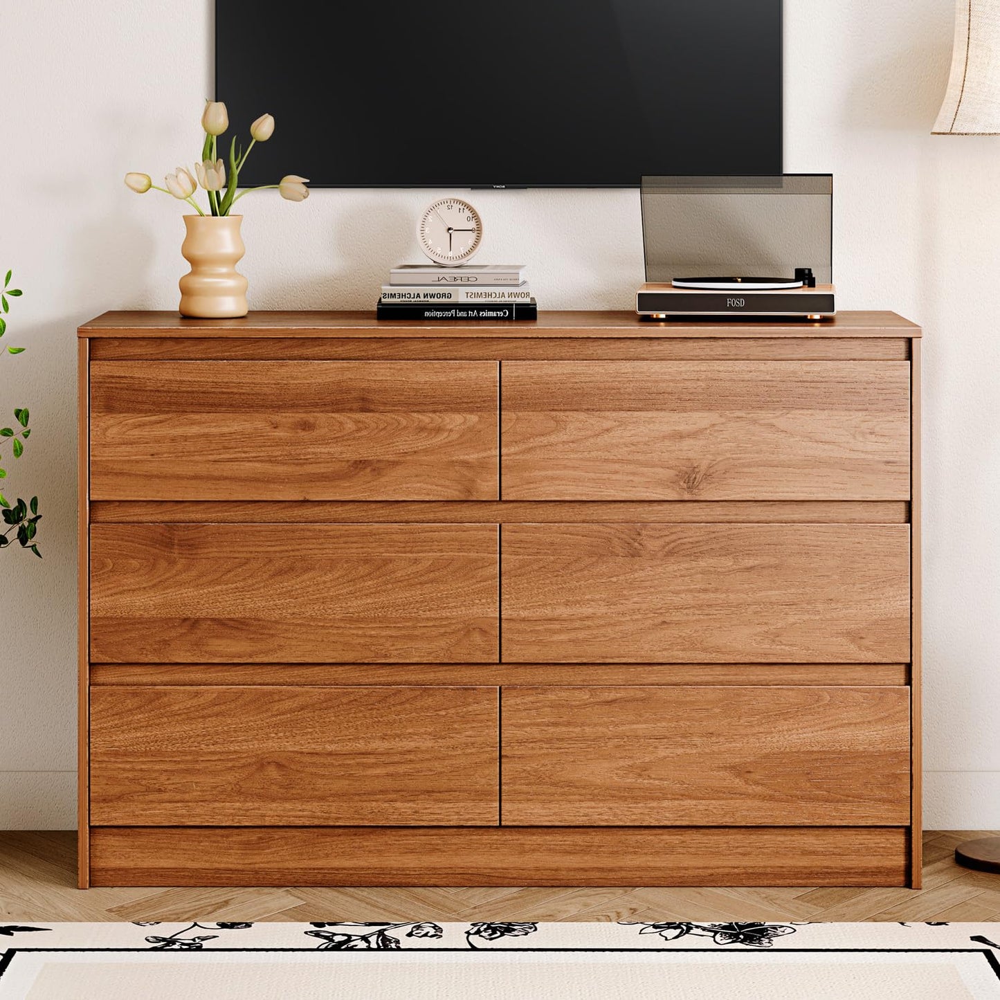 Chrangmay 6 Drawer Dresser,47" Wide Mid Century Chest of Drawers,Wooden Bedroom Drawer Dresser with 6 Storage Drawers for Bedroom,Living Room,with Anti-Tipping Device, Brown