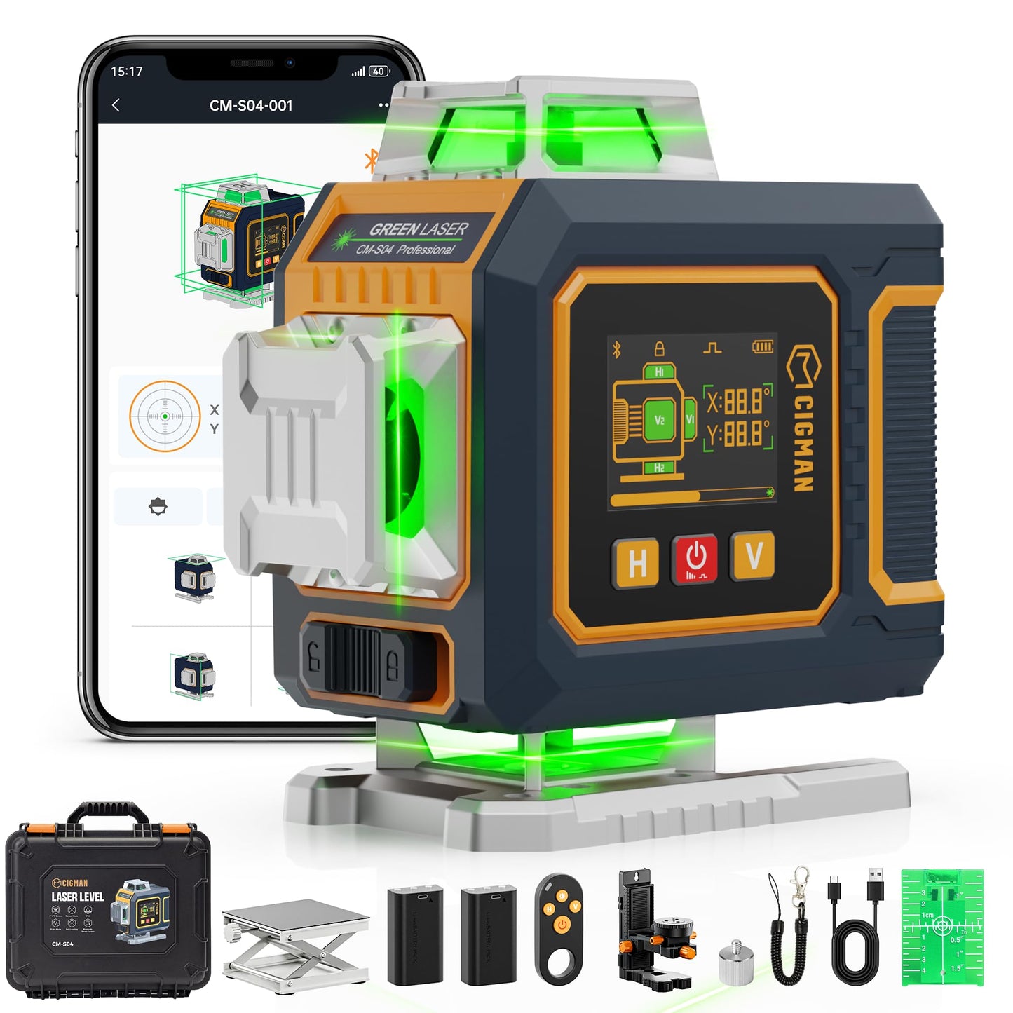 CIGMAN 16 Lines Green Laser Level 4×360° Self Leveling, Side LCD, Bluetooth App Remote, Pulse Mode for Receiver, 2×Li-ion (USB-C), Liftable Stand, 1/4" Mount, IP54, ABS Hard Case – S04