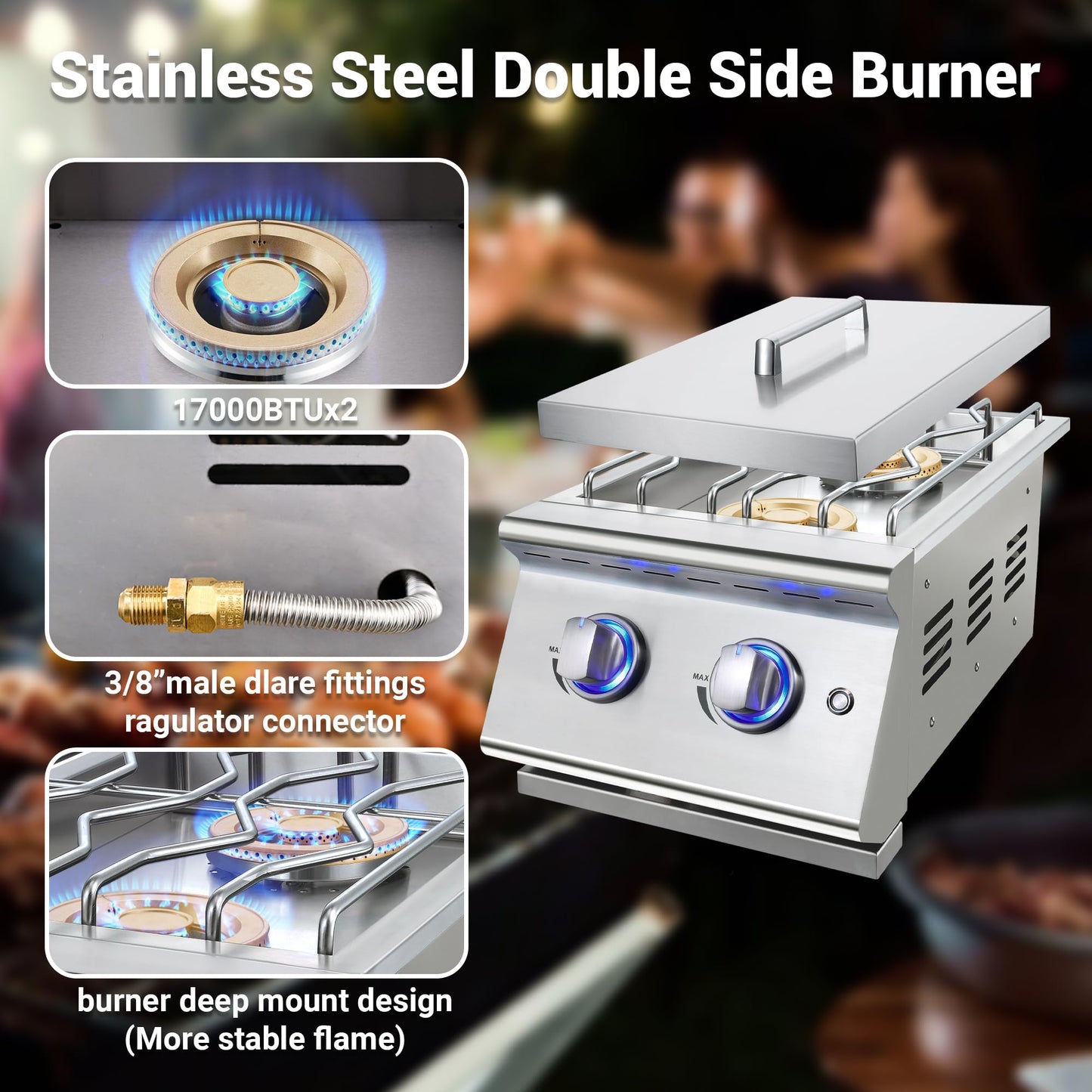 Livory Double Grilling Side Burners for Outdoor Kitchen, 2 * 17,000BTU Nature Gas Burners, Convertible to Liquid Propane, Duty Heavy 304 Stainless Steel, Built-in Side Burner for BBQ Island Grill