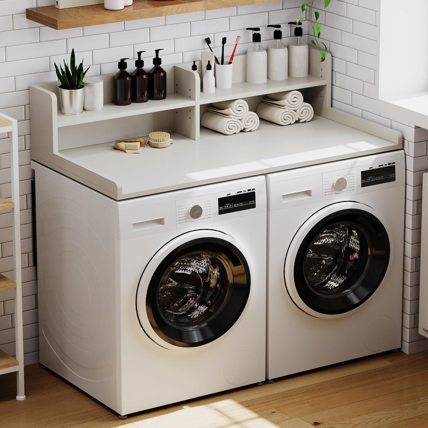 ChooChoo 2-Tier Washer Dryer Countertop with Adjustable Shelf, Spacious Laundry Room Storage for Folding Clothes and Efficient Organization, White