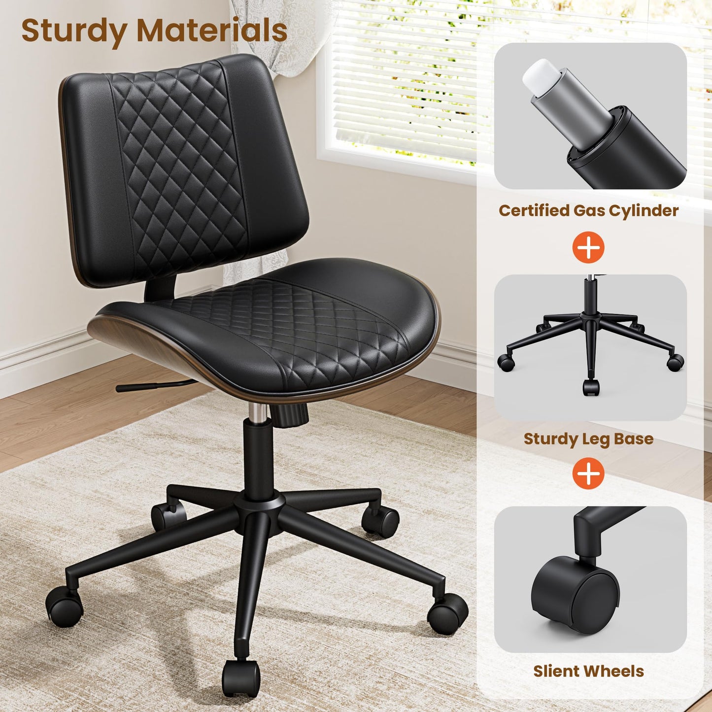 REONEY Home Armless Office Chair with Wheels, Modern Walnut Armless Desk Chair, Adjustable Swivel Rolling Task Chair with Curved Back for Small Space, Reading, Meeting Room, Black