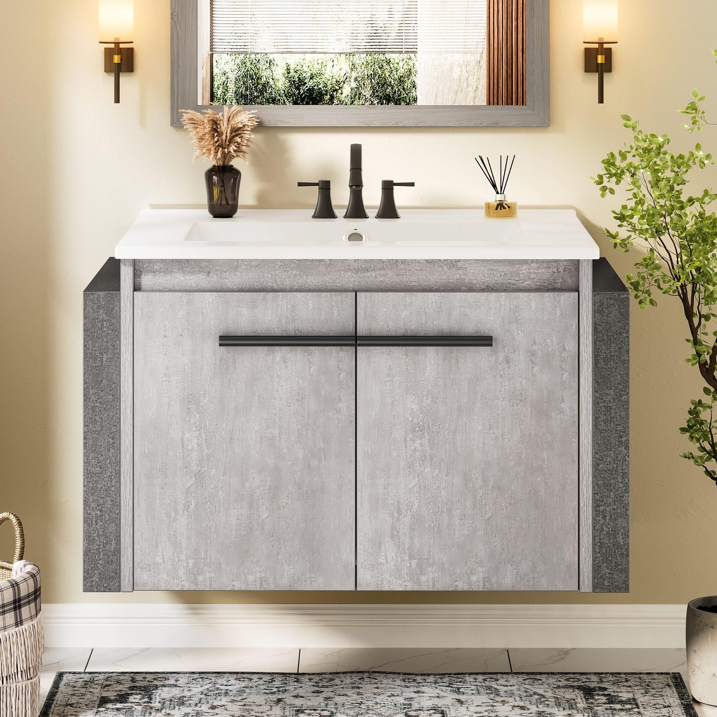 DWVO 24" Bathroom Vanity with Sink Combo, Wall Mounted Modern Bathroom Cabinet with Ceramic Sink, Large Storage Double Soft-Close Doors Cabinet Vanity, Grey