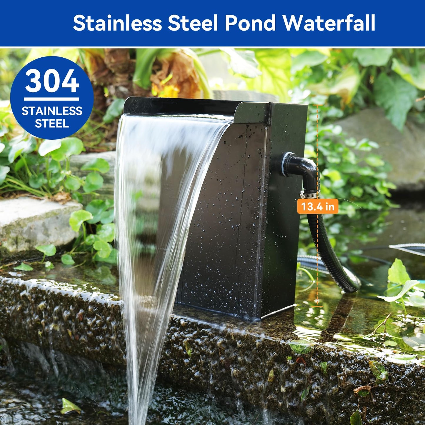 POPOSOAP 55W Pond Waterfall Spillway with Water Pump, 304 Stainless Steel Waterfall Kit with 9.8FT Corrugated Tube, Pond Waterfall Box for Outdoor Pond Waterfall Setup Waterfall System Garden Decor