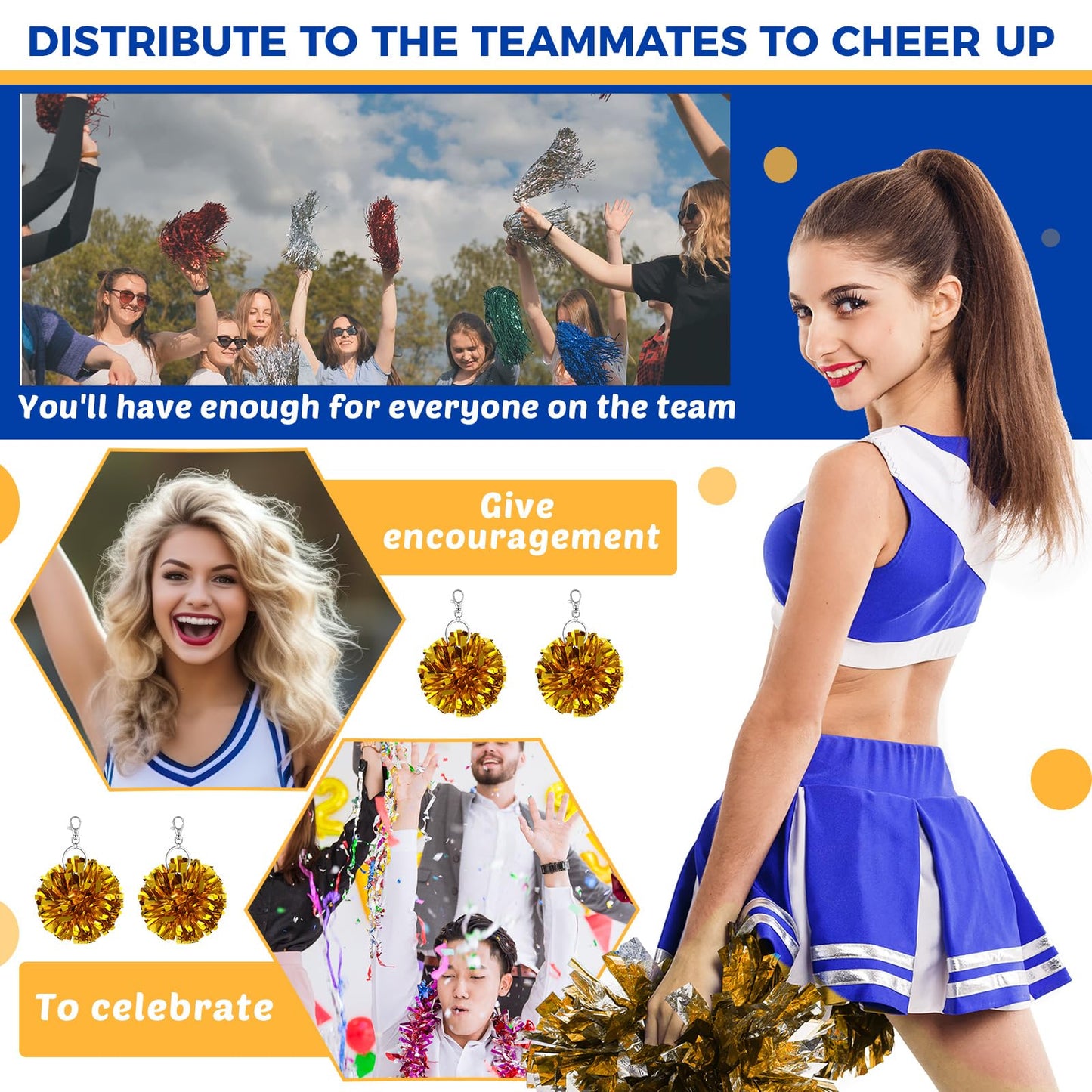 Remuuly 20 Pcs Cheer Pom Pom Keychain Cheerleader Gifts Cheerleading Keyring Charm Foil with Keychain Hooks for Women Accessories (Dark Gold)