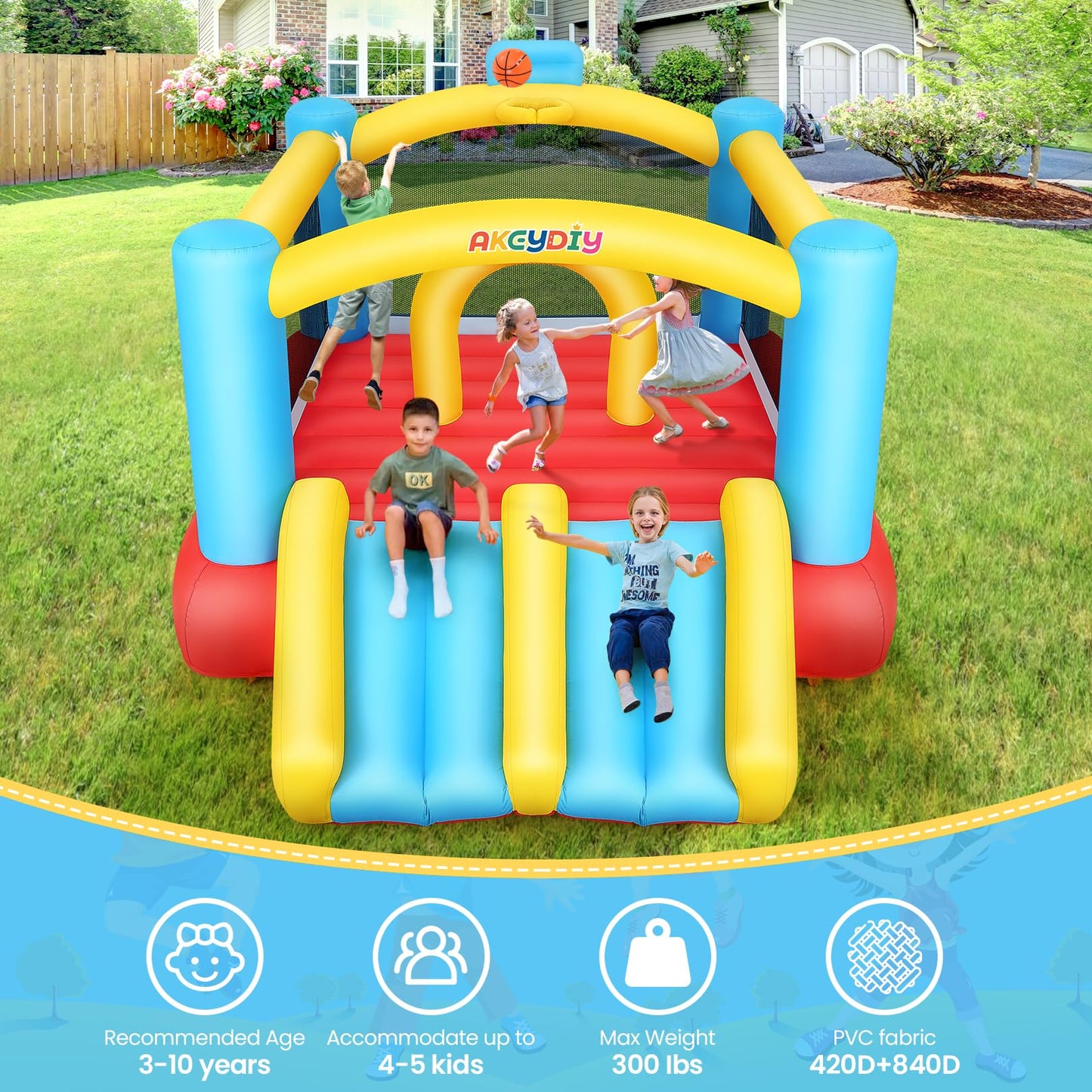 WHUBEFY Bounce House,Inflatable Bounce House for Kids with Blower Included,Indoor/Outdoor Playhouse Kids Bouncy House for Backyard,Jumping Castle with 2 Slides,Jumping Area (Inflatable Bounce House)