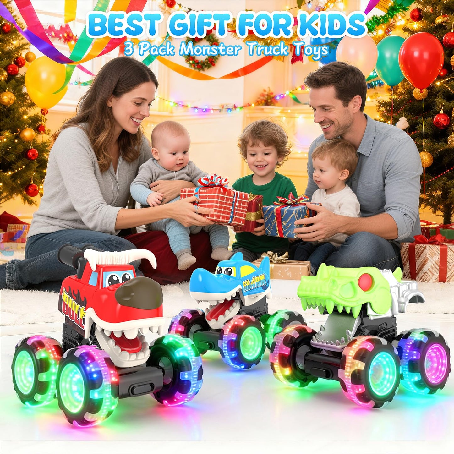 Pnooe Monster Truck Toys, 3 Pack Light Up Cars for Toddlers, Baby Animal Toy Trucks Dino Cars with LED Lightning Wheels, Press & Go Car with Moving Mouth for Kids Boys Girls Christmas Birthday Gifts