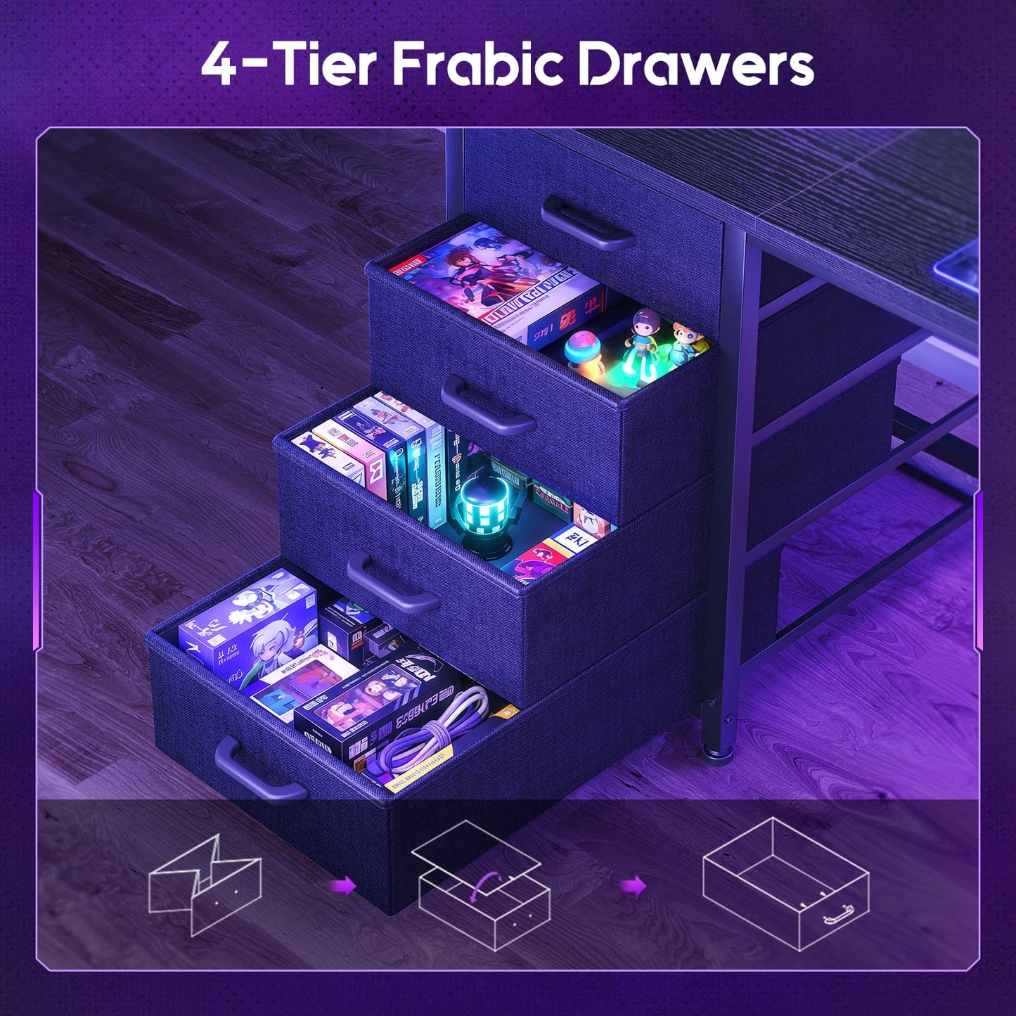 AODK 63" L Shaped Gaming Desk with Hutch, Storage & Shelves, L Shaped Desk with 4 Drawers, Inserted LED Light Strip & Power Outlets, Computer Desk with Pegboard for Entertainment, Office Desk, Black