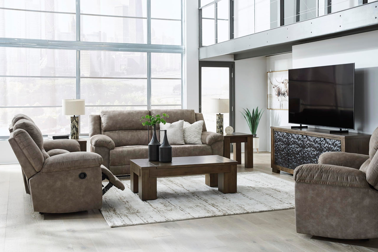 Signature Design by Ashley Laresview Contemporary Faux Leather Manual 2 Seat Reclining Sofa, Gray