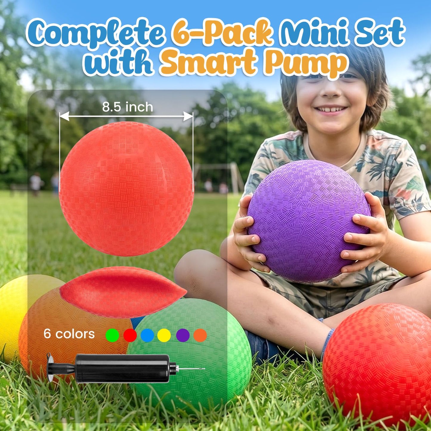 LovesTown 6PCS Playground Balls with Air Pump, 8.5inch Inflatable Dodge Ball Colorful Handball Rubber Kickball for Kids Ball Games