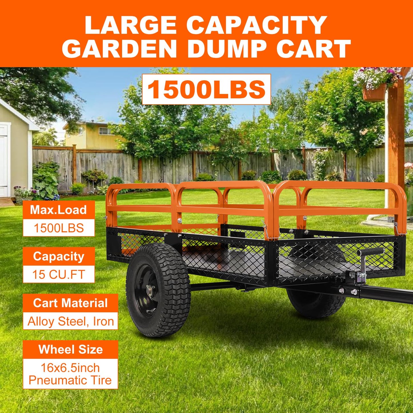 1500LB Steel Dump Cart with All-Terrain Tires & Foot-Pedal Dumping, Heavy Duty Utility Trailer for Yard, Garden, and Construction Use, Compatible with ATV and Tractor