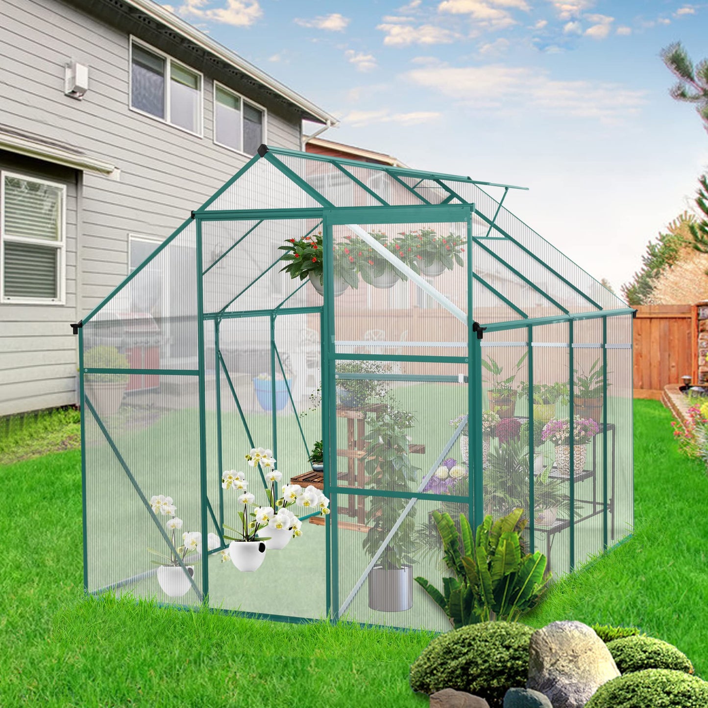 GLANZEND 6x8FT Polycarbonate Walk-in Greenhouses, Heavy Duty Hobby Green House, Storage Shed with Sliding Doors & Adjustable Roof Vent, Aluminum Sunroom Hot House for Outdoor Garden Backyard