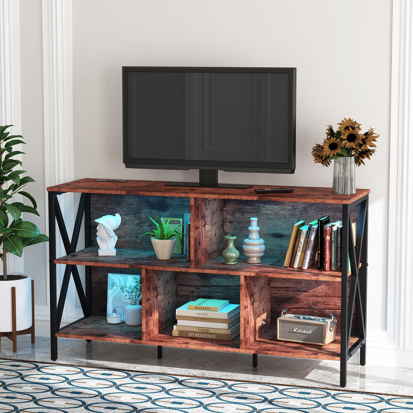 Horizontal Bookshelf,Industrial Modern 5 Cube Low Wide Cubby Bookcase with led Light,Long Wood and Metal Storage Organizer Open Shelf, Book Shelf Bedroom Storage for Home Office Living Room(Brown)