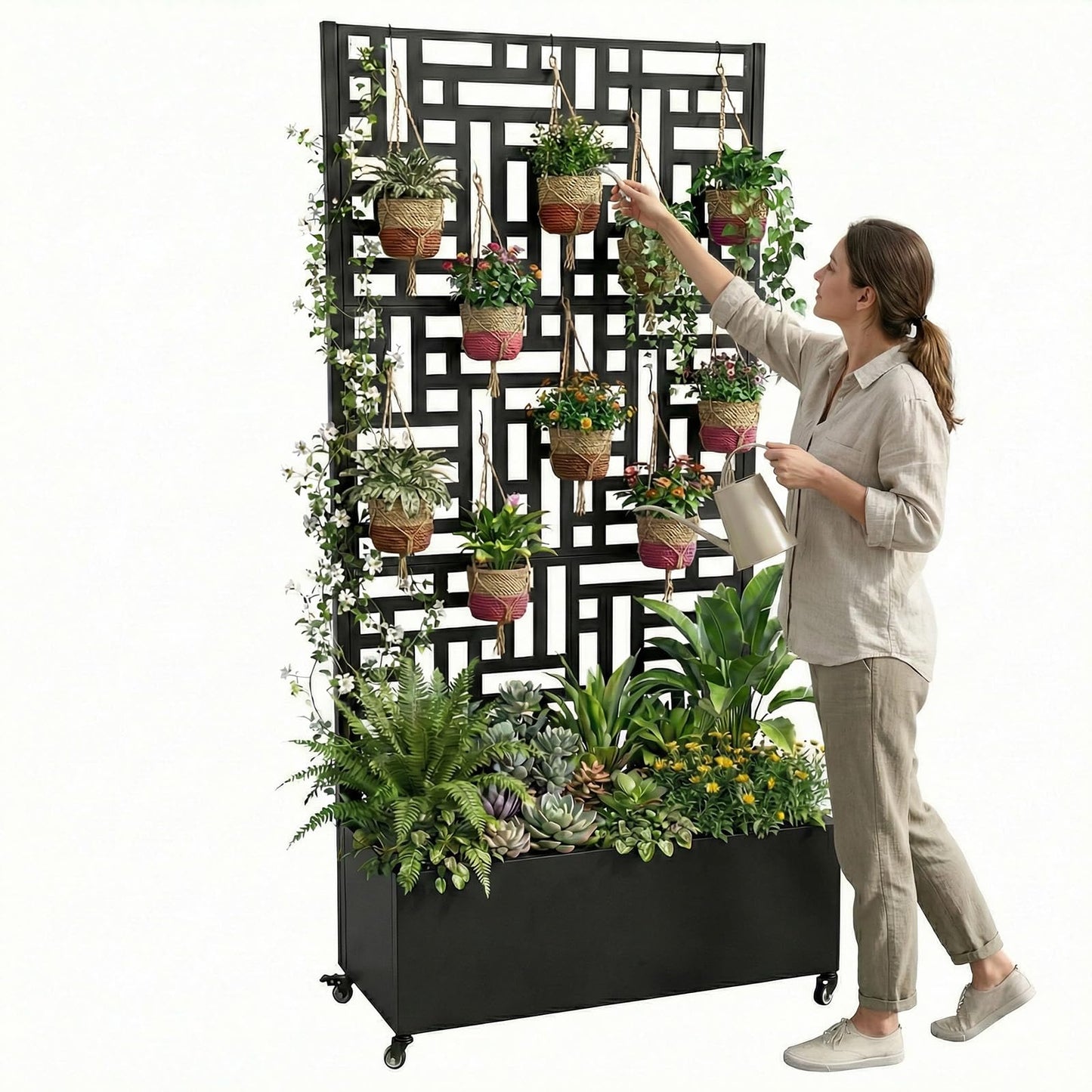 ASIEIT Metal Planter Box with Trellis Standing Planter Box for Climbing Plants/Vines Raised Garden Bed On Wheels 70.87x35.43x15.75 Inch (02)