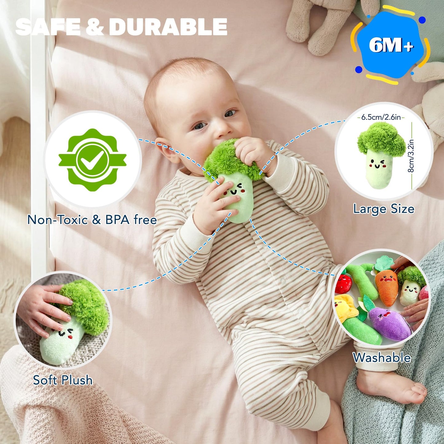 Baby Toys 6-12 Months, Montessori Sensory Garden Plush Set Vegetable Fruits, Baby Developmental Learning Toys with Rattle Squeaker Mirror Texture Tissue, Gifts for 6+ month old Boy Girl Christmas