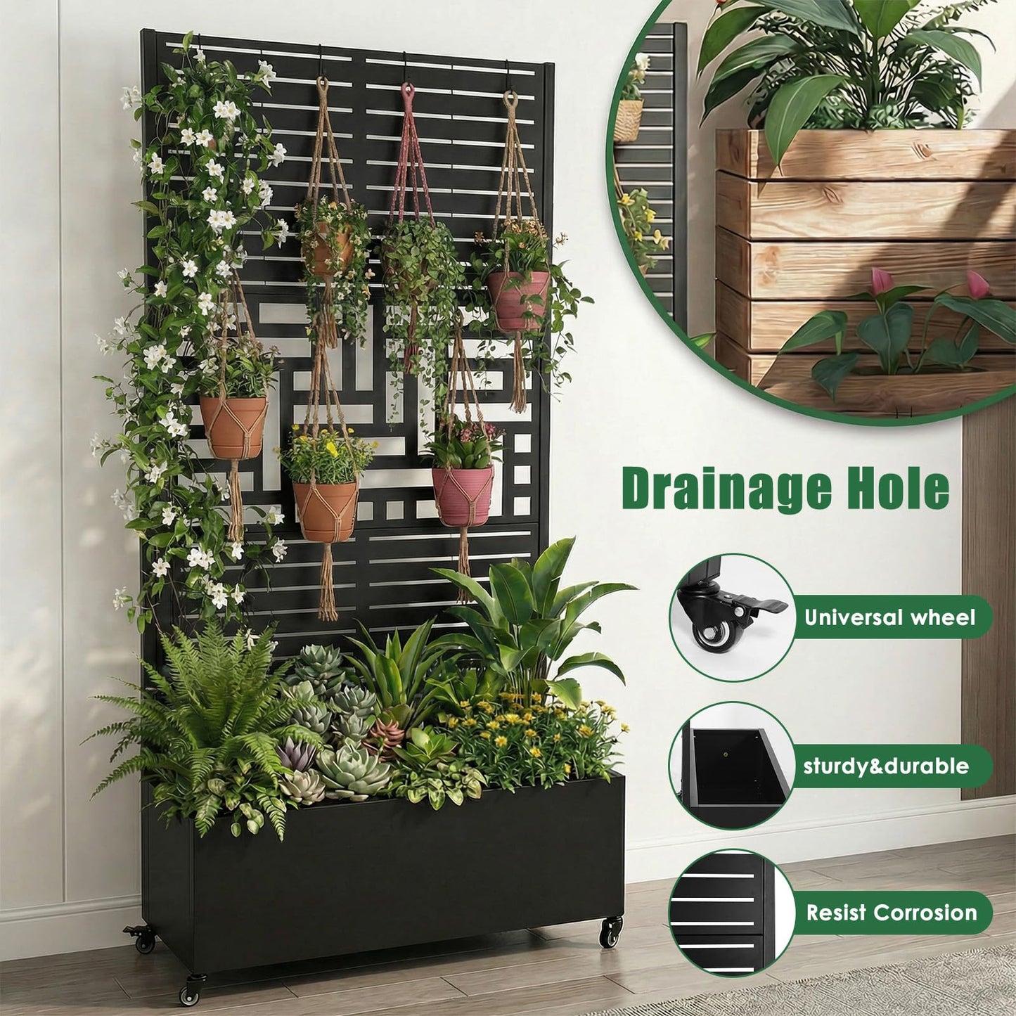 Hubxinly Metal Planter Box with Trellis,Raised Garden Bed with Trellis and Wheels,70.87x35.43x15.75 Inch Metal Standing Planter Box with Drainage Holes Suitable for Climbing Plants and Vegetables