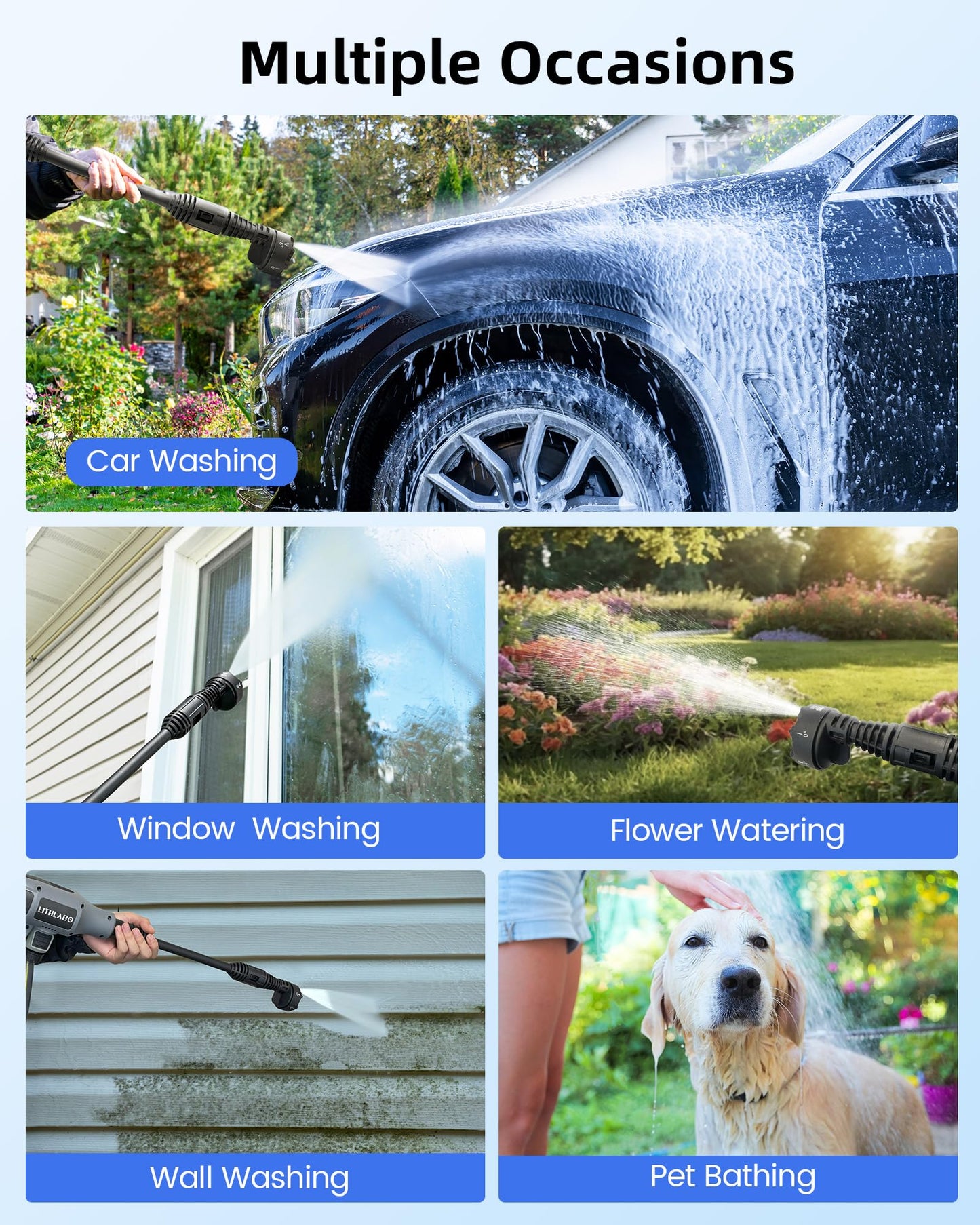 Cordless Pressure Washer 1080PSl Portable High Pressure for Car Wash Outdoor Cleaning, Handheld Power Washer with 6-in-1 Adjustable Nozzle, Foam Cannon for Fences/Driveways/Patios/Home (1X 4Ah)