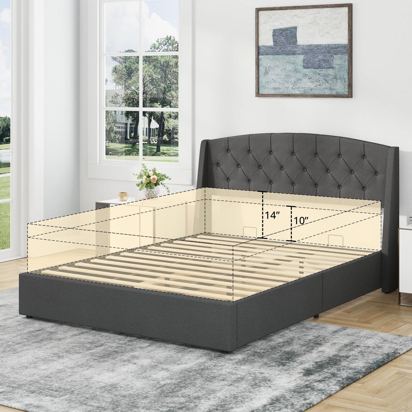EGOHOME King Size Metal Bed Frame,Hydraulic Lift System and Modern Wingback Design,Heavy-Duty Steel Construction & 900lb Capacity,Effortless Assembly with Ratchet Wrench,No Box Spring Needed,Dark Grey