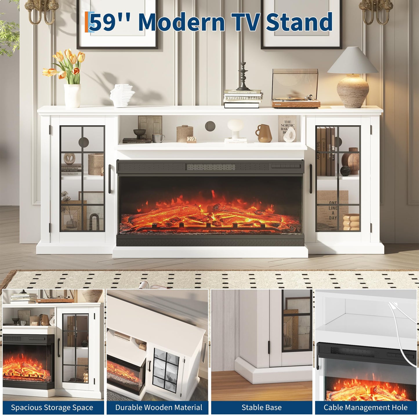 PeakPursuit Fireplace TV Stand, 75'' TV Stand with Fireplace, 40'' Electric Fireplace Insert with Realistic 3D Flame Effect and LED Lights, Entertainment Center with Fireplace, White