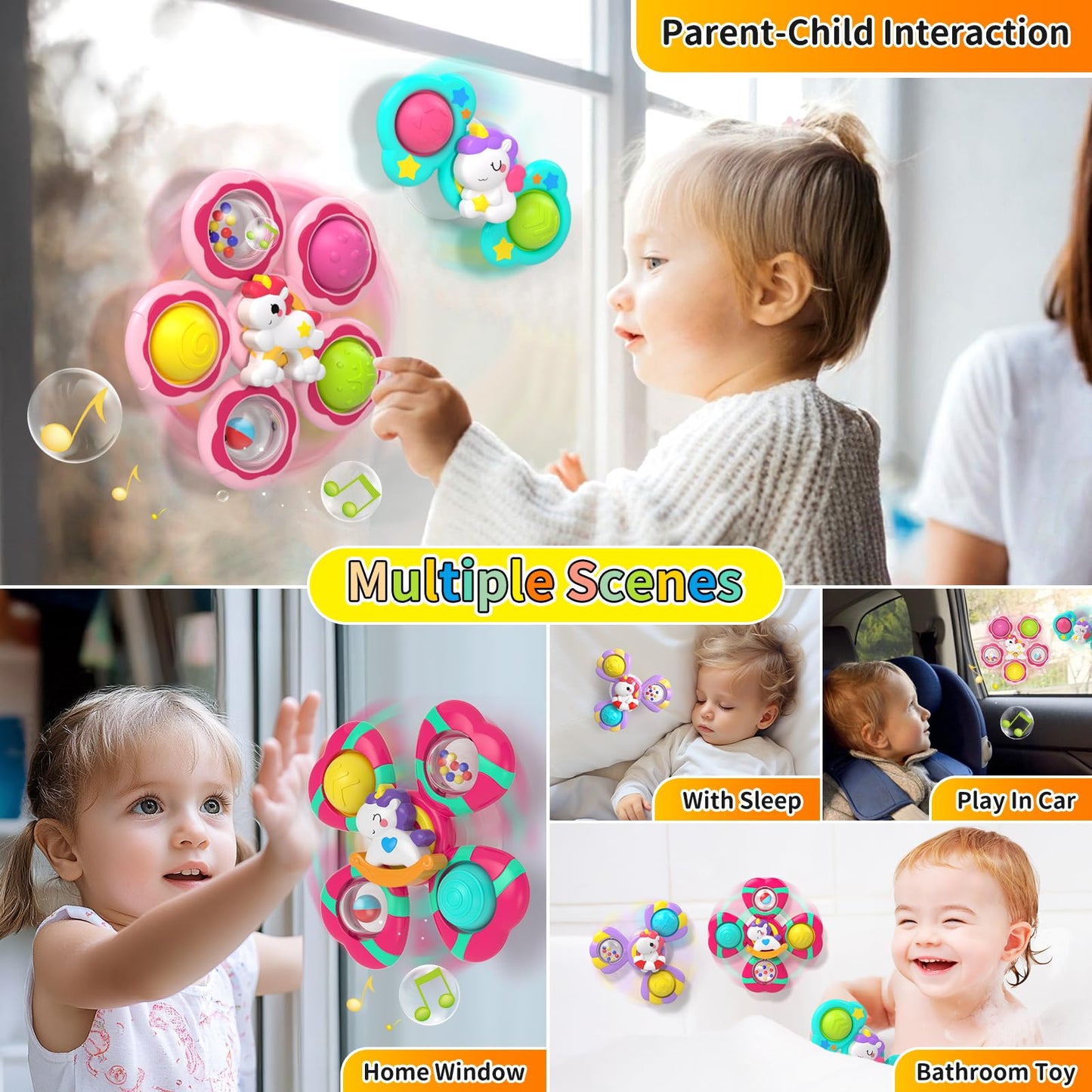 Usrela 4Pcs Suction Cup Rotating Toys for 1 Year Old Boy Girl, Bath Toys for Baby 12 18 Months, 1 2 Year Old Boy Birthday Gift, Sensory Toy for Toddler 1-3