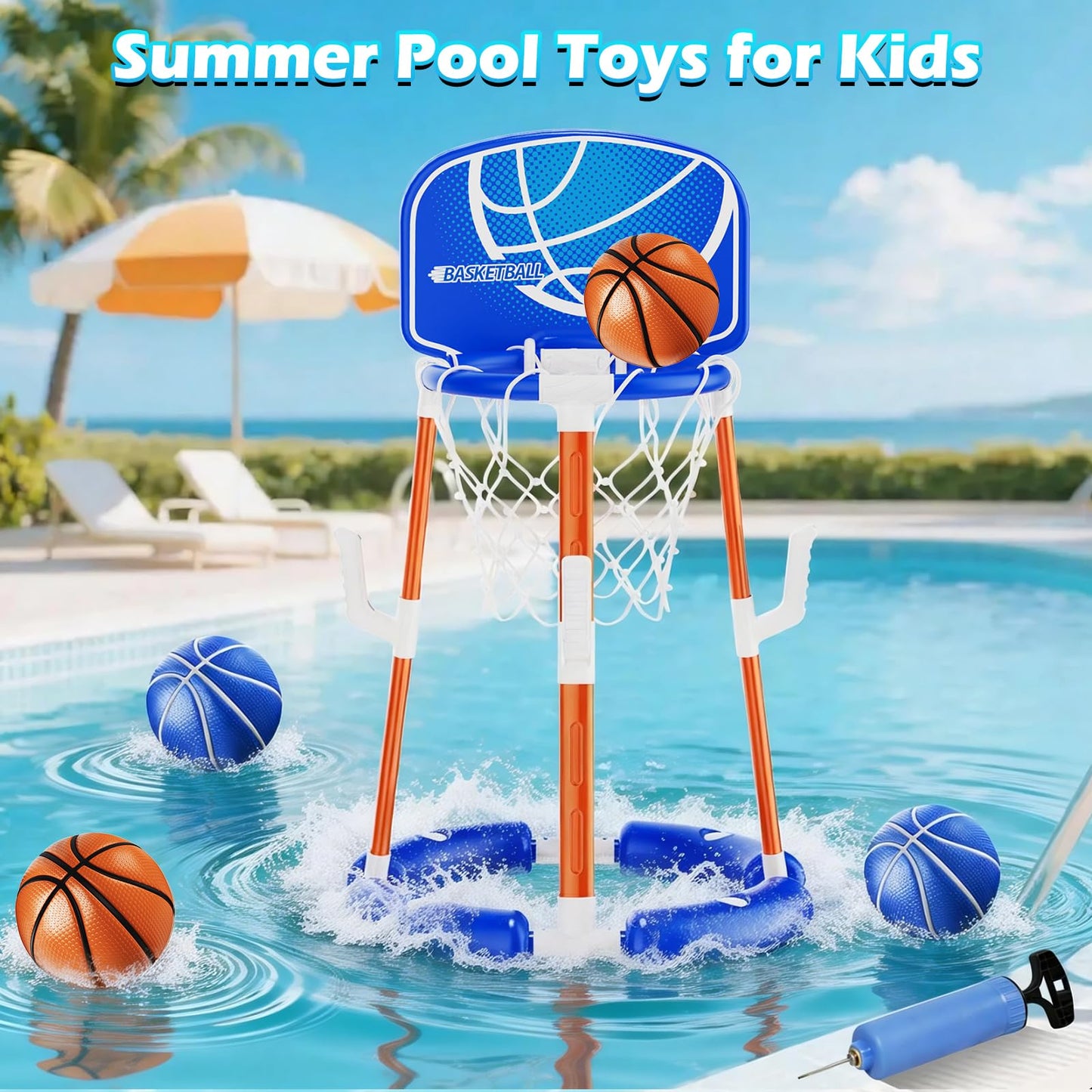 Pool Basketball Hoop with Backboard, Floating Pool Toys for 3-12 Years Old Kids Ring Game with 4 Balls 8 Rings & Pump Outdoor Swimming Pool Basketball Games Water Play Toy Family Party for Kids Adults
