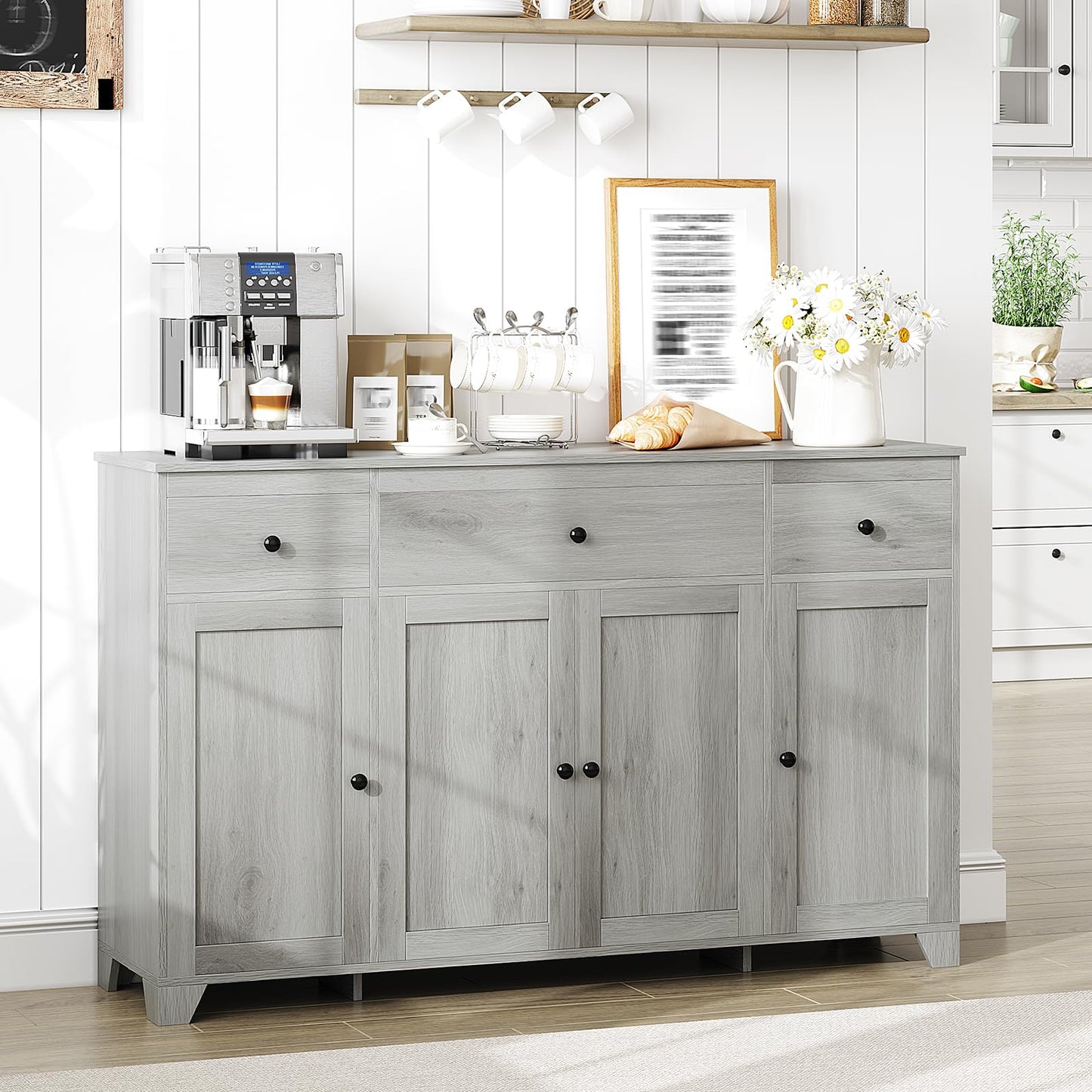 GarveeHome 55 in Sideboard Buffet Cabinet with Storage, Minimalist Kitchen Storage Cabinet with 3 Drawers & 4 Doors, Buffet Console Table Coffee Bar with Adjustable Shelf for Dining Living Room- Grey