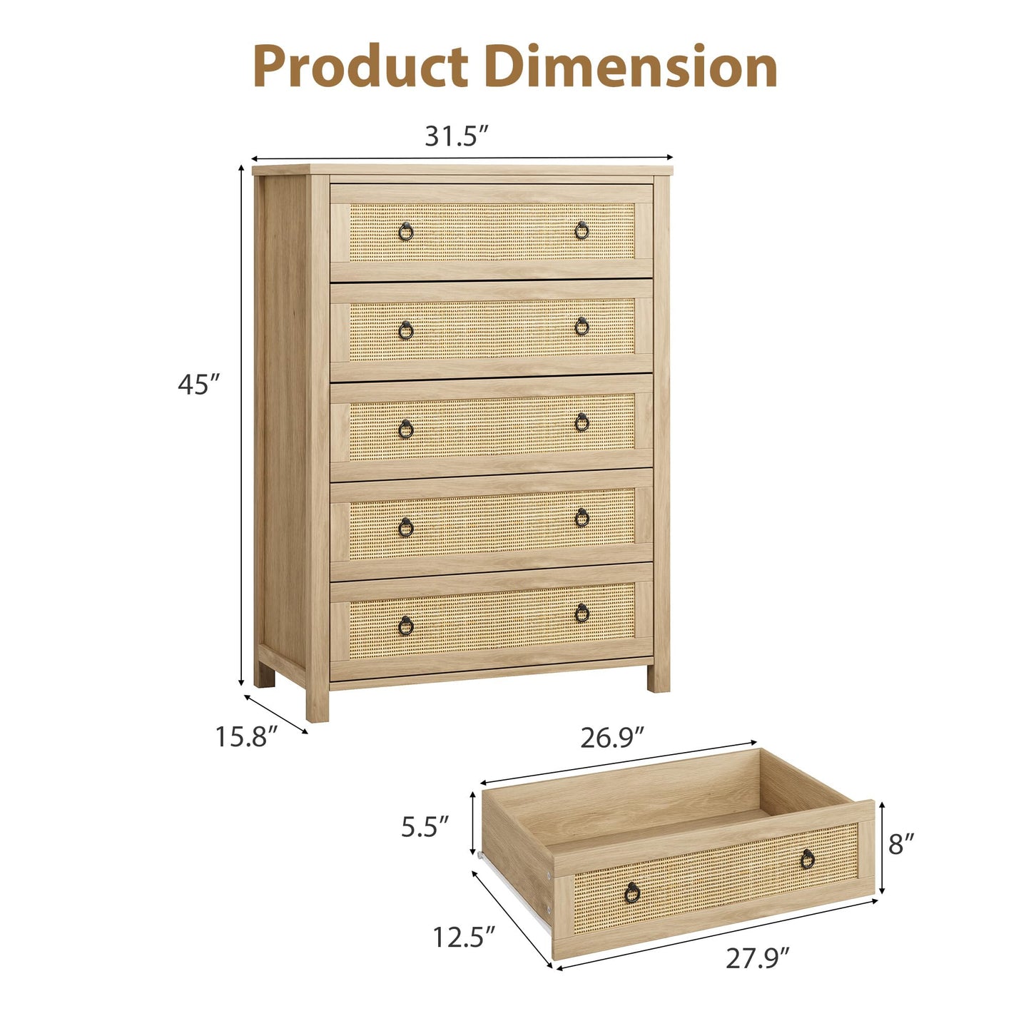 IDEALHOUSE Rattan Dresser for Bedroom with 5 Drawers, 45'' Tall Chest of Large Drawers with Large Clothes Storage Cabinet, Wood Bedroom Dresser, TV Stand for Nursery, Living Room, Enterway
