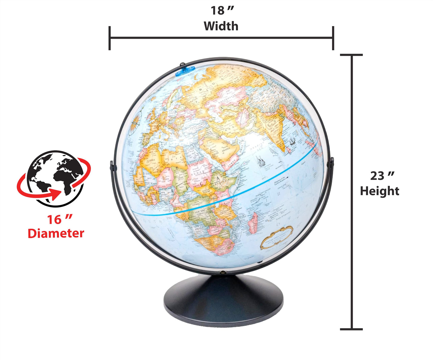 Replogle Eureka 16 inch desktop globe with up to date blue raised relief map and full swing gyromatic assembly. The beautiful blue ocean product has vast amounts of up-to-date information will pique the interest of any geographical connoisseur of all ages